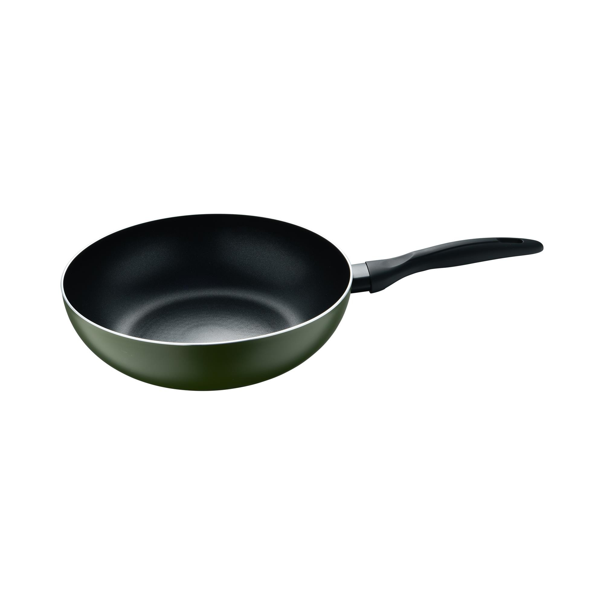 Una sartén verde con mango negro sobre fondo blanco.