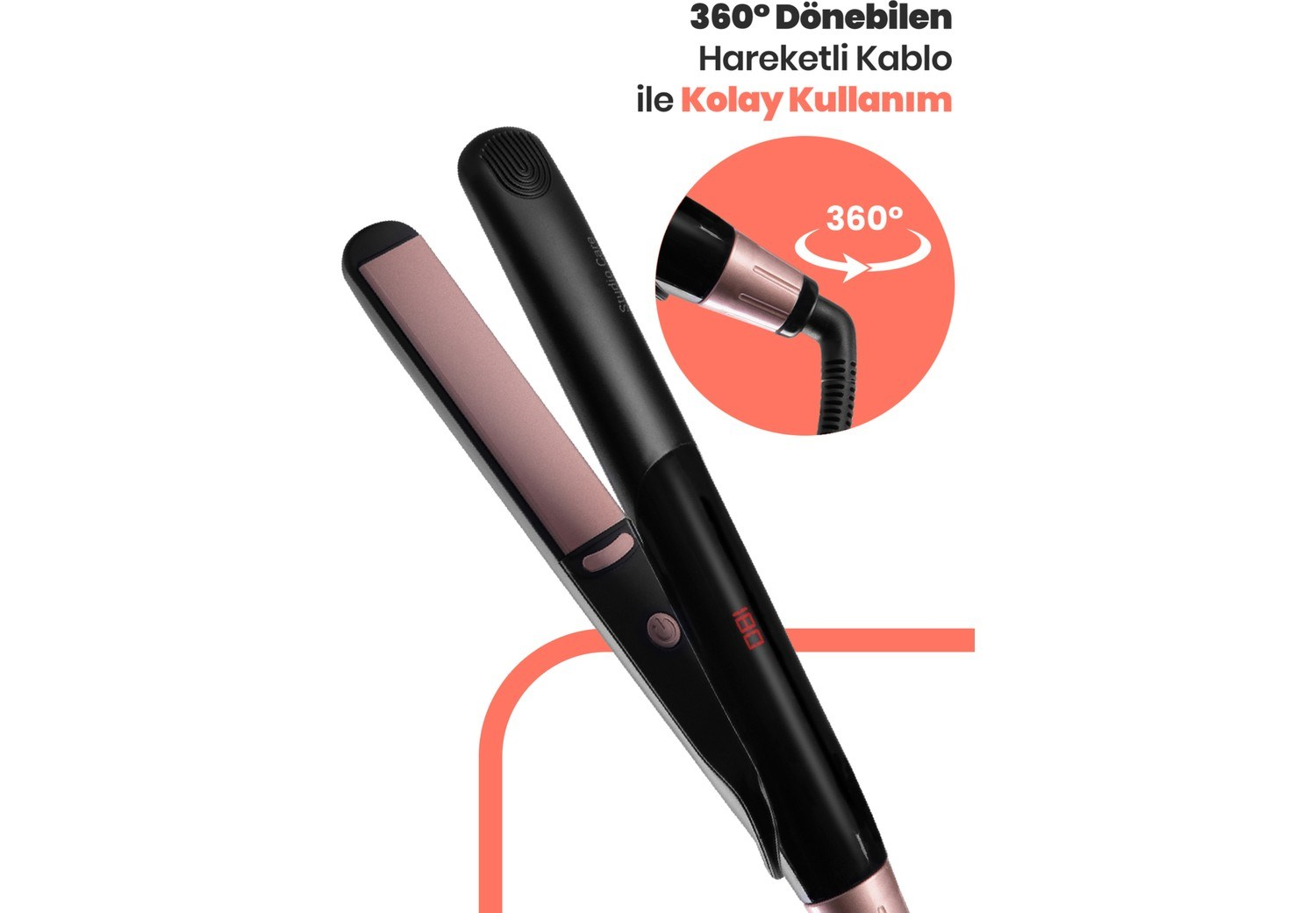 Siyah saç düzleştirici, rose gold plakalar. 360° dönebilen kablo.