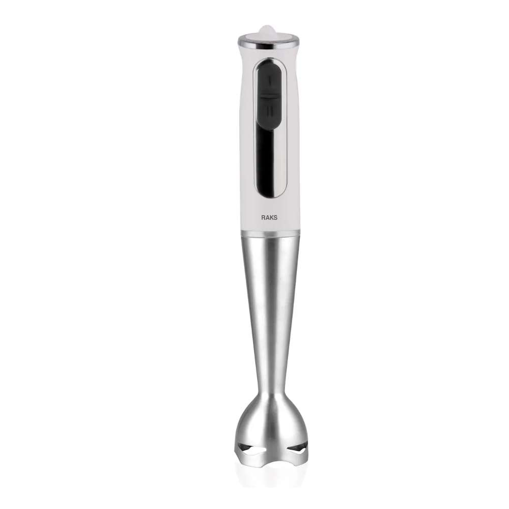 Gümüş metal ayaklı ve kontrol düğmeli beyaz el blenderı.