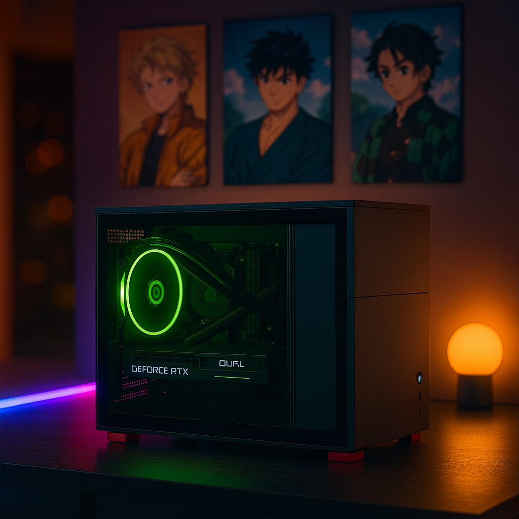 Komputer gamingowy z zielonym podświetleniem na ciemnym biurku. Plakaty anime w tle.