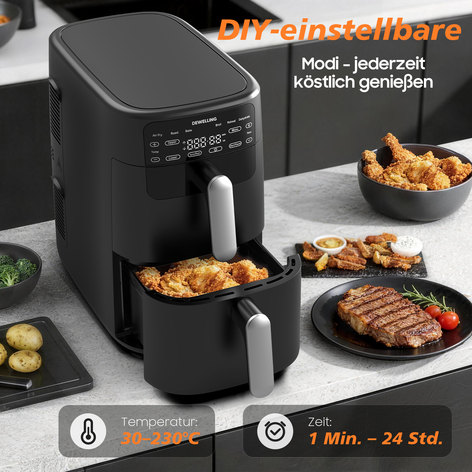 Schwarzer Dörrling Heißluftfritteuse mit gebratenem Hähnchen, Steak und Beilagen.