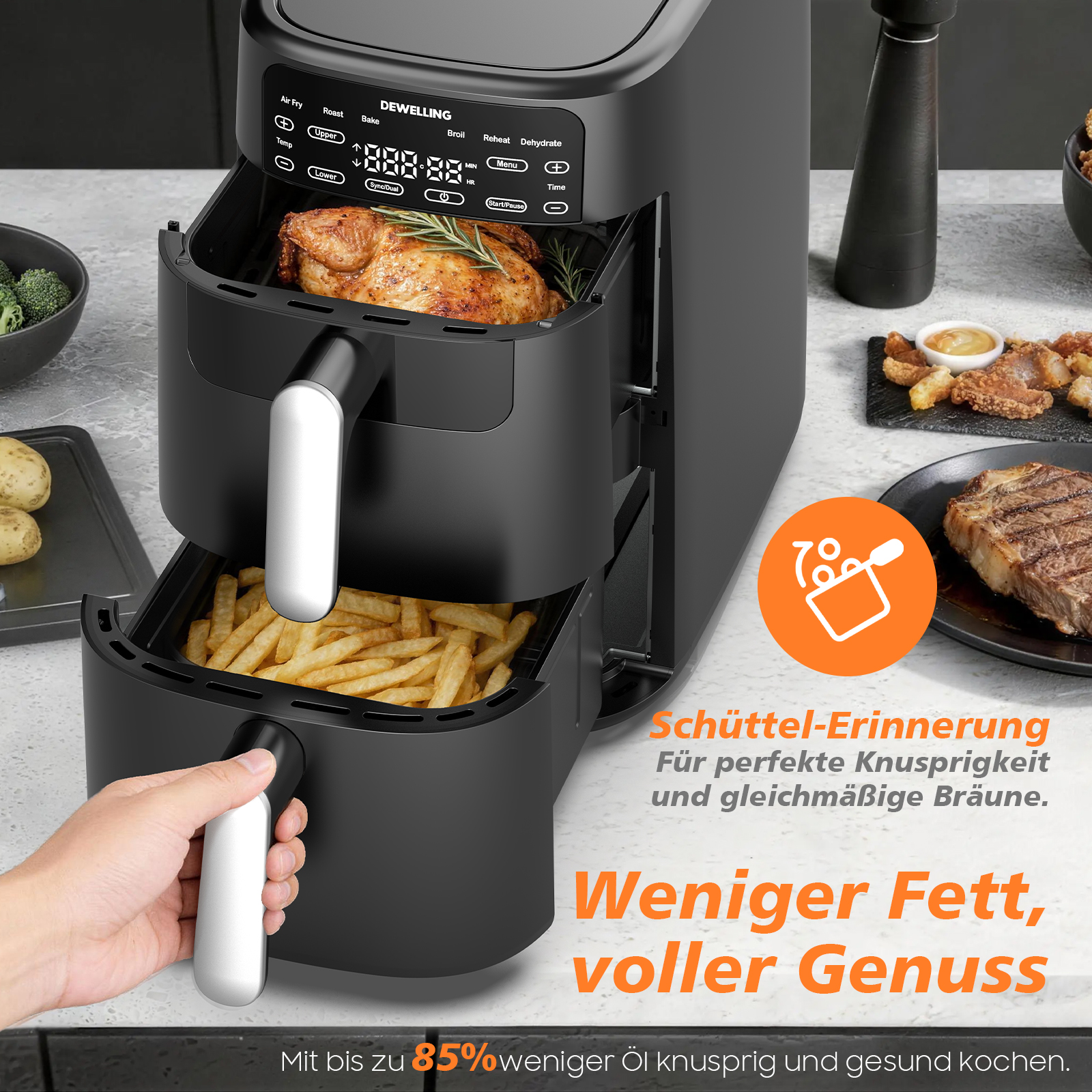 Ein schwarzer Doppelschicht-Heißluftfritteuse mit Hähnchen und Pommes.