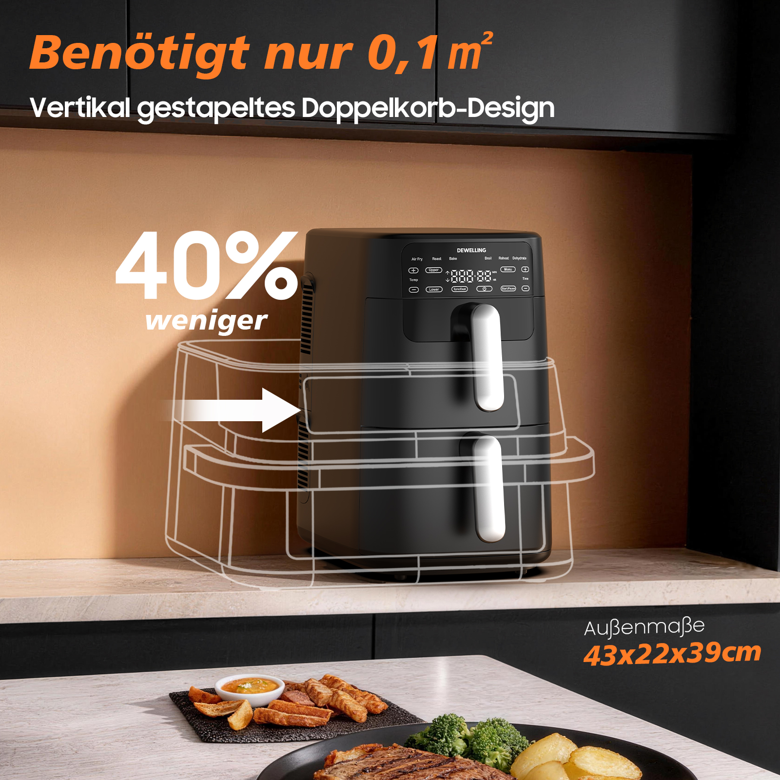 Schwarzer doppelter Heißluftfritteuse mit digitalen Bedienelementen und Essen auf Teller.