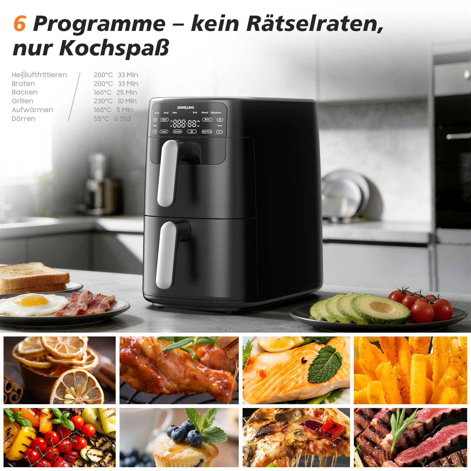 Doppel-Heißluftfritteuse mit Kochprogrammen und Speisenbildern.