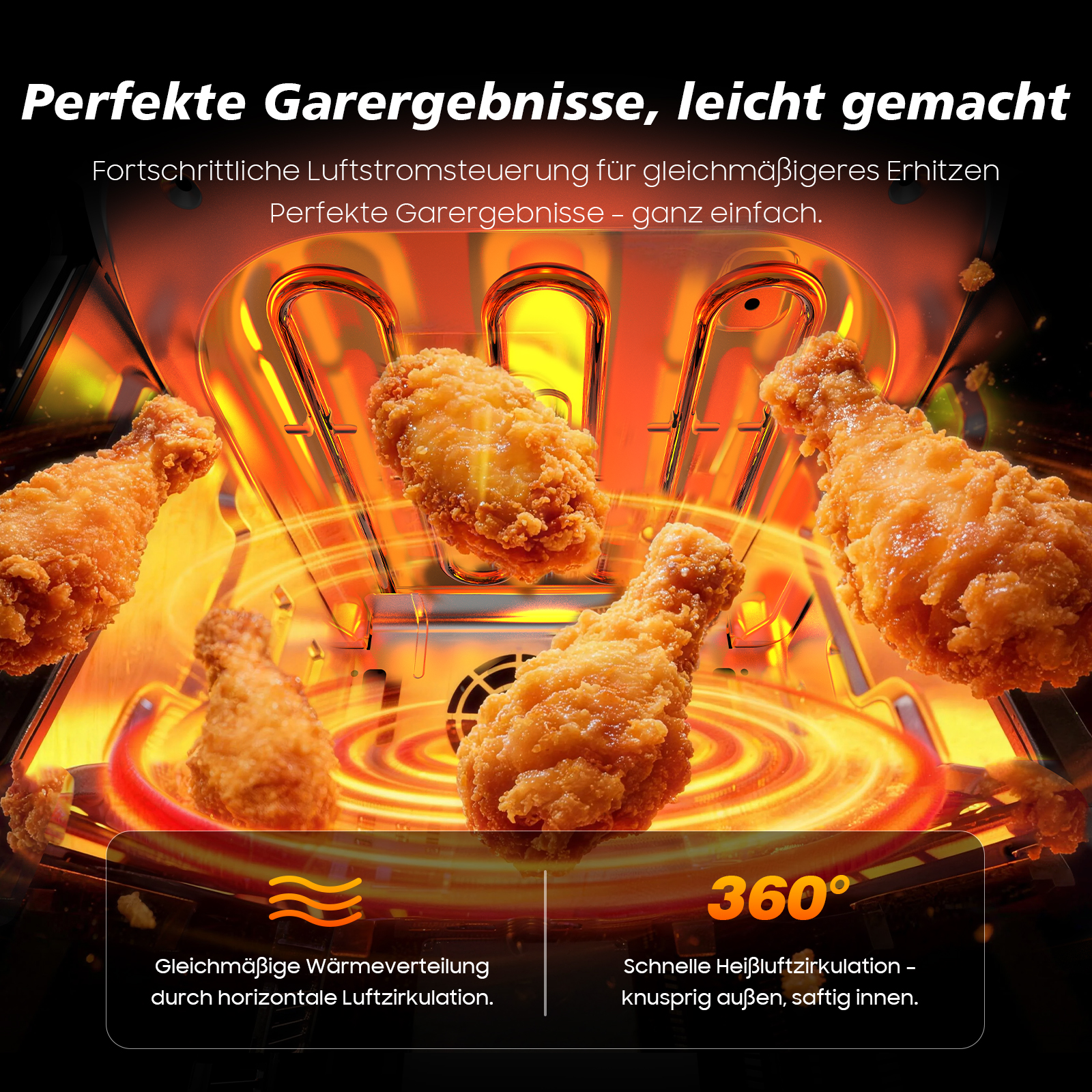Knuspriges Hähnchen in einem Heißluftfritteusen-Korb mit Heizspiralen.