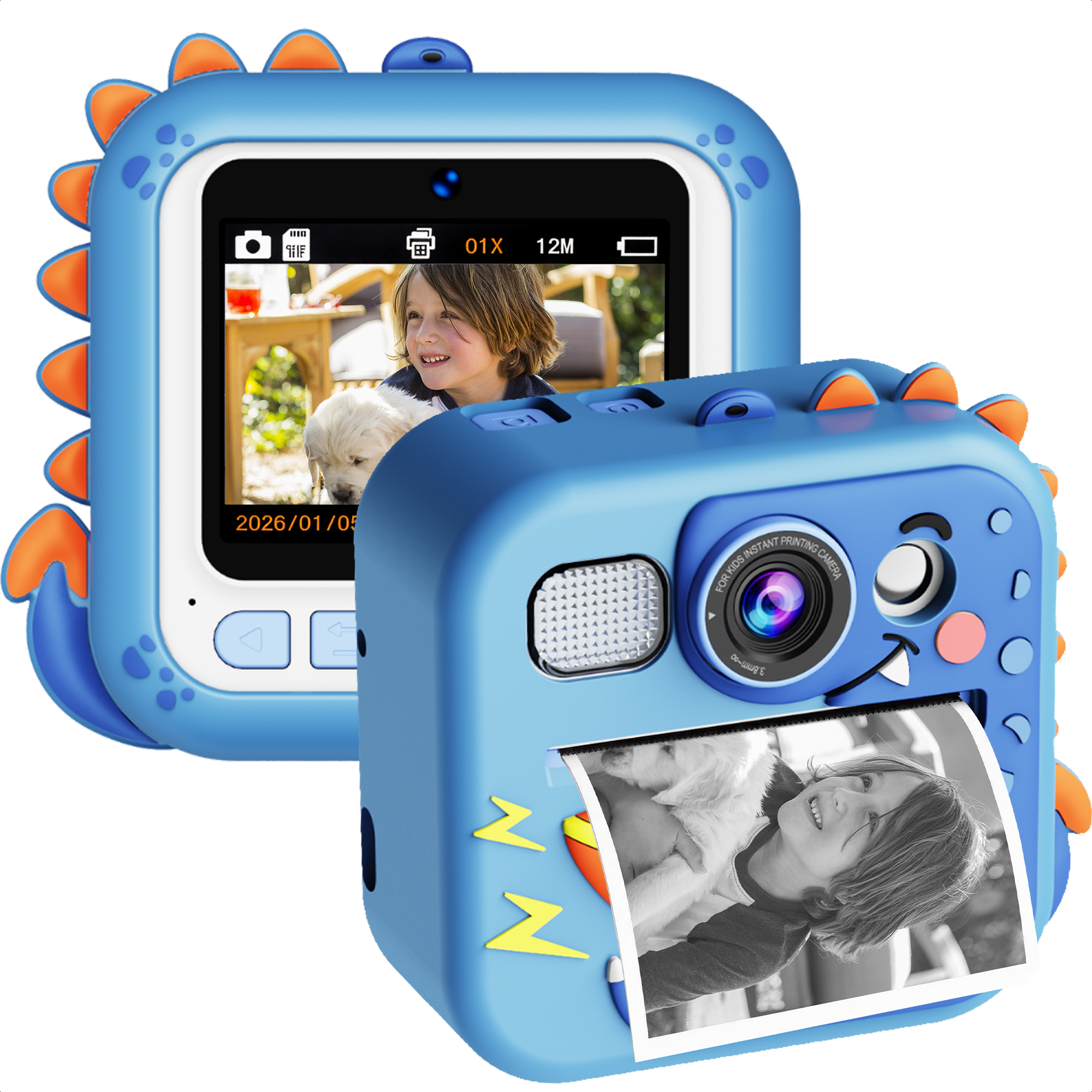 Blauwe dinosaurus instant camera print zwart-wit foto jongen met puppy. Voorscherm toont jongen met puppy.