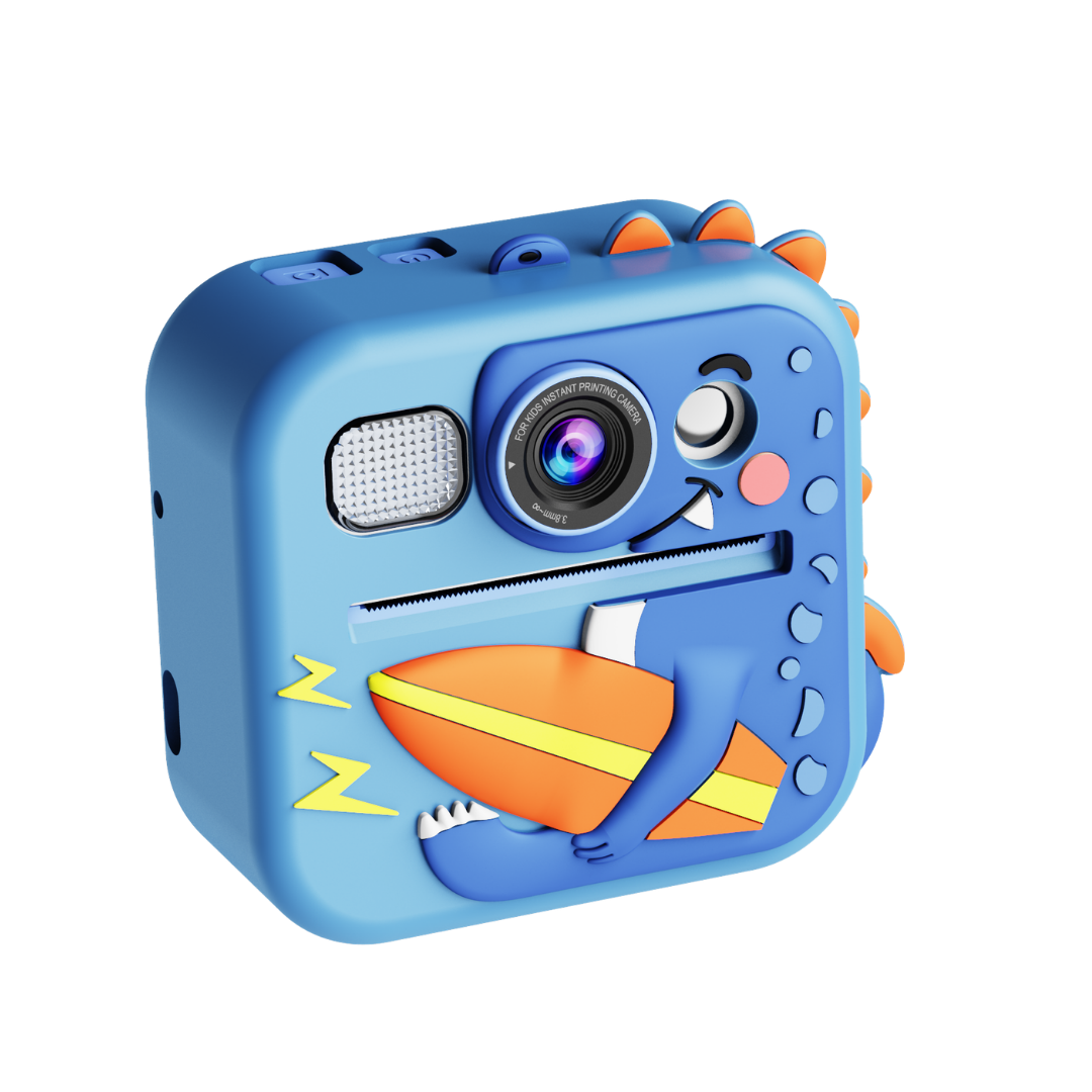 Een blauwe dinosaurus kinder instant camera met surfplank.