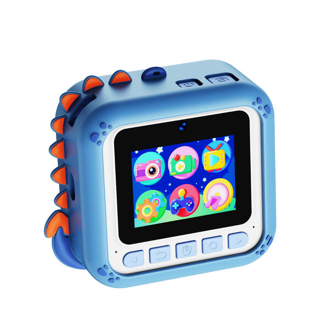 Blauw dinosaurus speelgoed met scherm met pictogrammen zoals camera, spel en tandwiel.