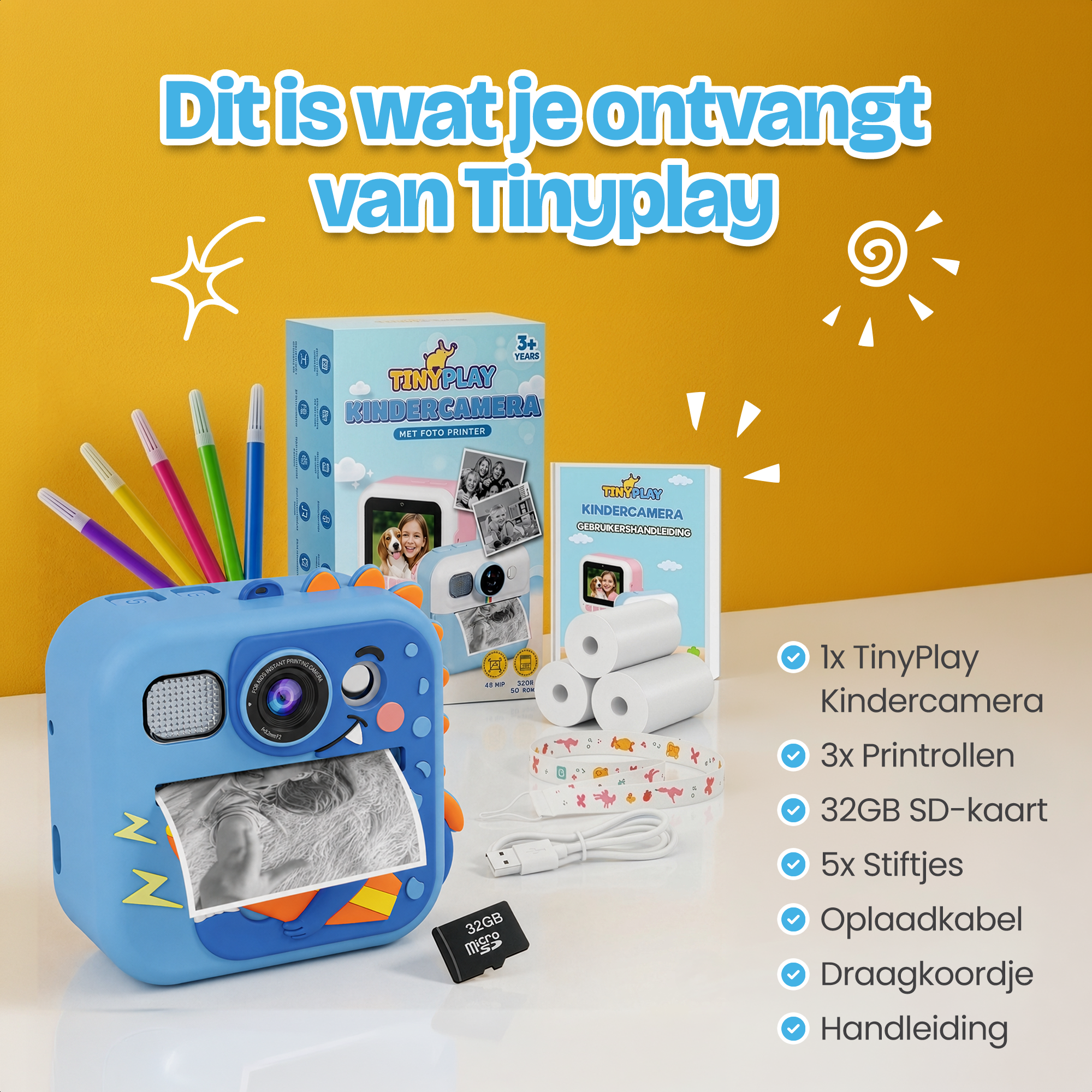 Blauwe dinosaurus camera print foto's, met pennen, rollen, SD-kaart, kabel, handleiding.