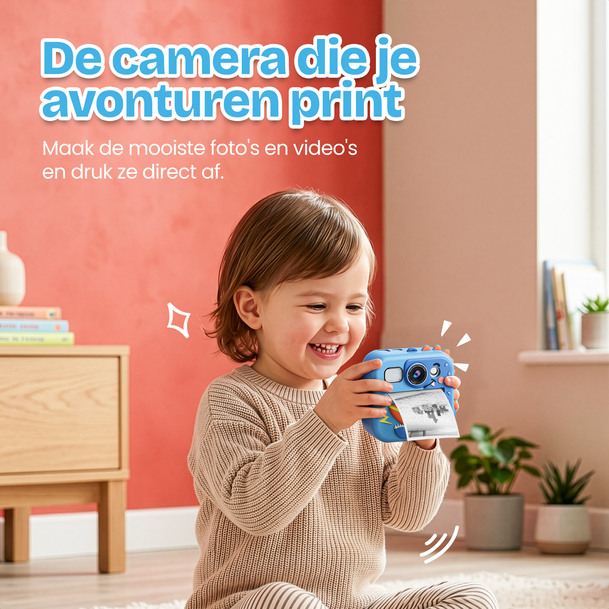 Een jong kind lacht en houdt een blauwe instant camera vast, een foto printend.