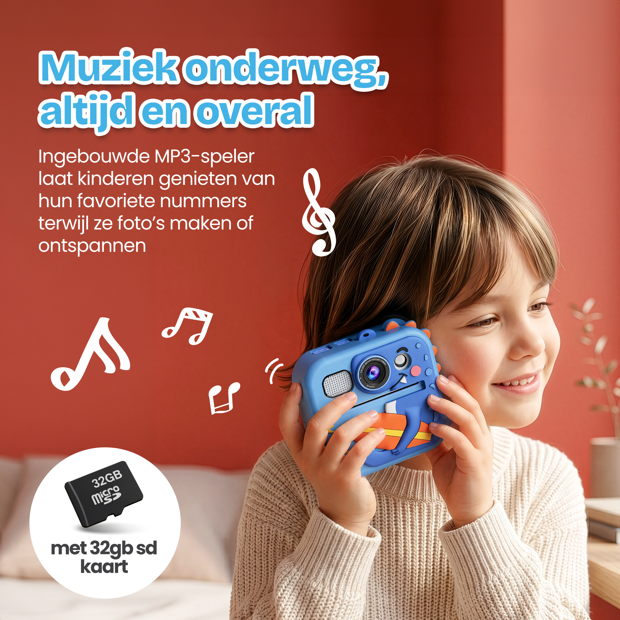 Een kind houdt een blauwe camera vast die muziek afspeelt en foto's maakt.