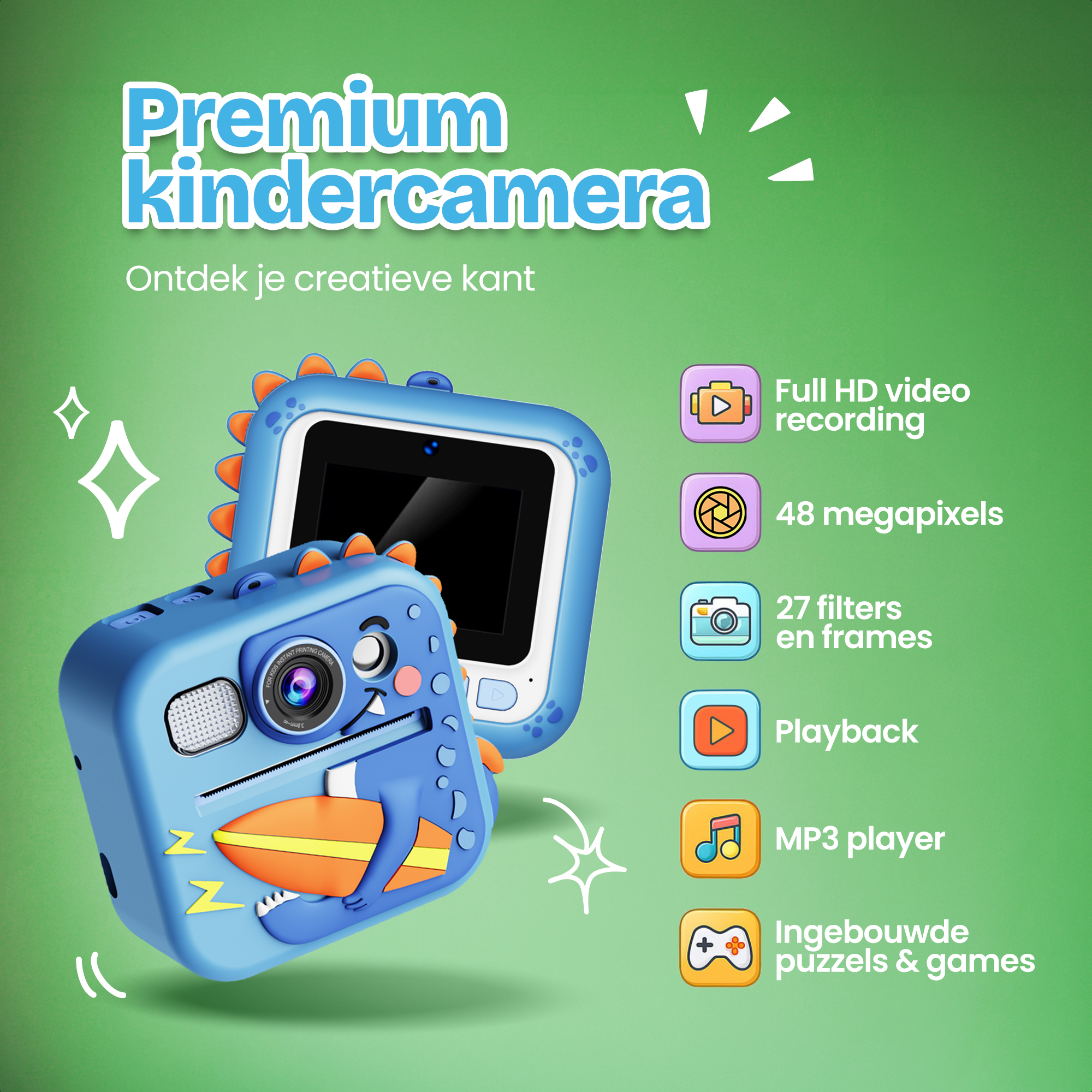 Blauwe dino kindercamera met scherm, neemt Full HD video, 48MP en games op.