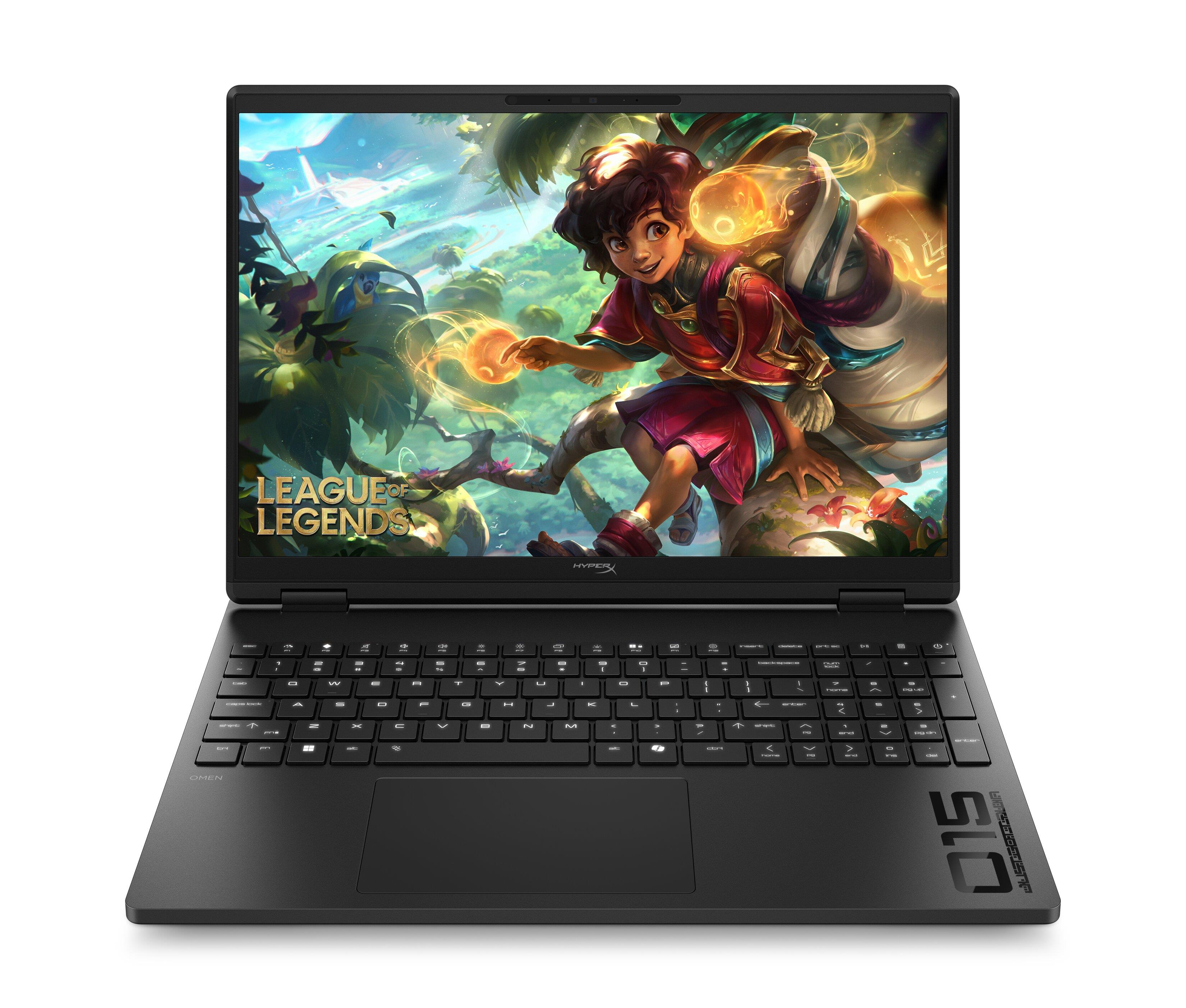 Siyah bir dizüstü bilgisayar, bir karakterle "League of Legends" gösteriyor. Klavye görünüyor.