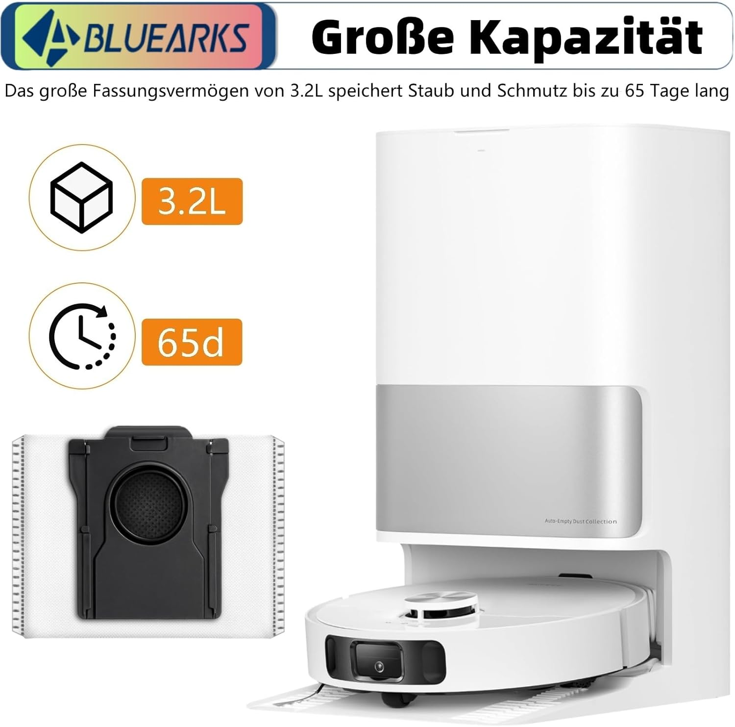 Blauer Staubsauger mit 3.2L Kapazität und 65 Tage Staubbeutel.