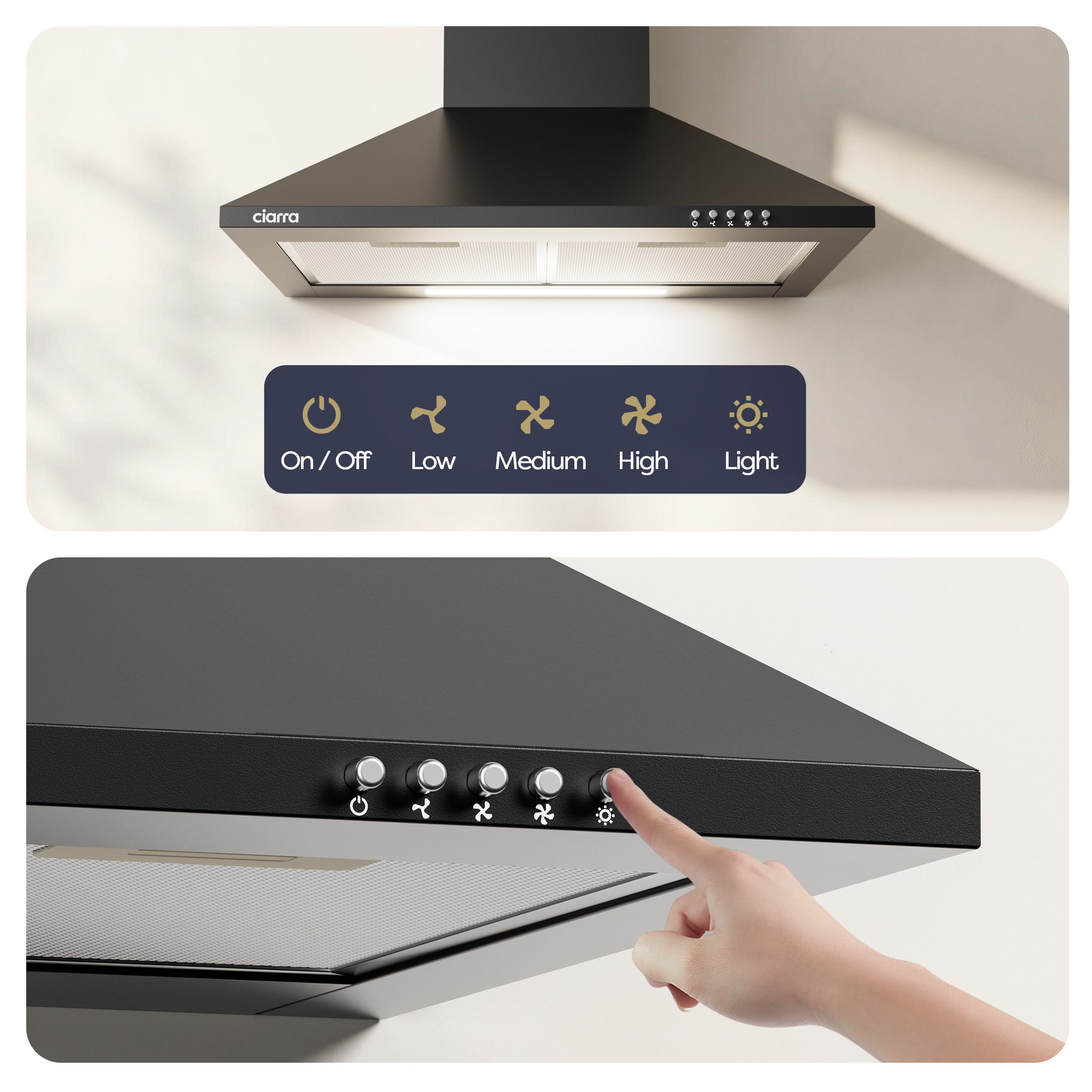 Hotte Ciarra noire avec commandes tactiles pour la vitesse du ventilateur et la lumière.