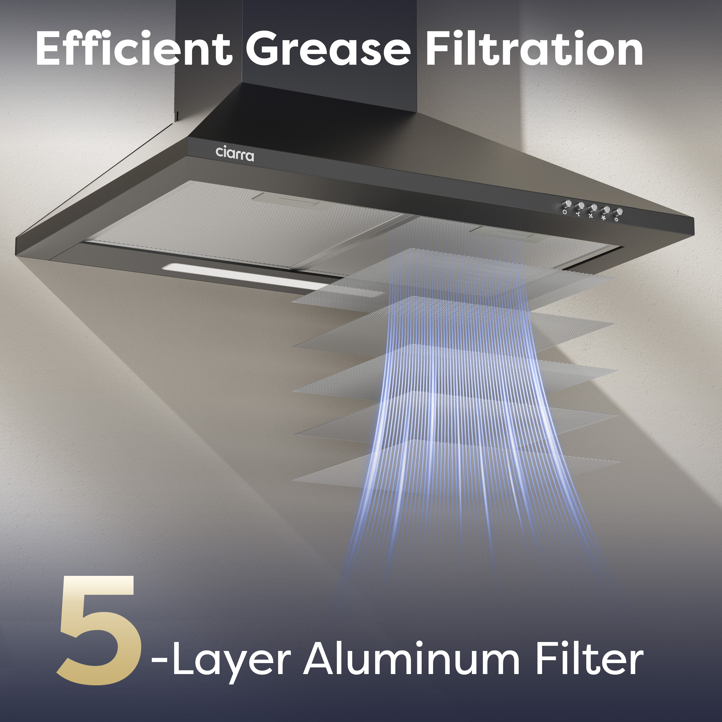 Une hotte aspirante avec filtre en aluminium à 5 couches et flux d'air bleu.