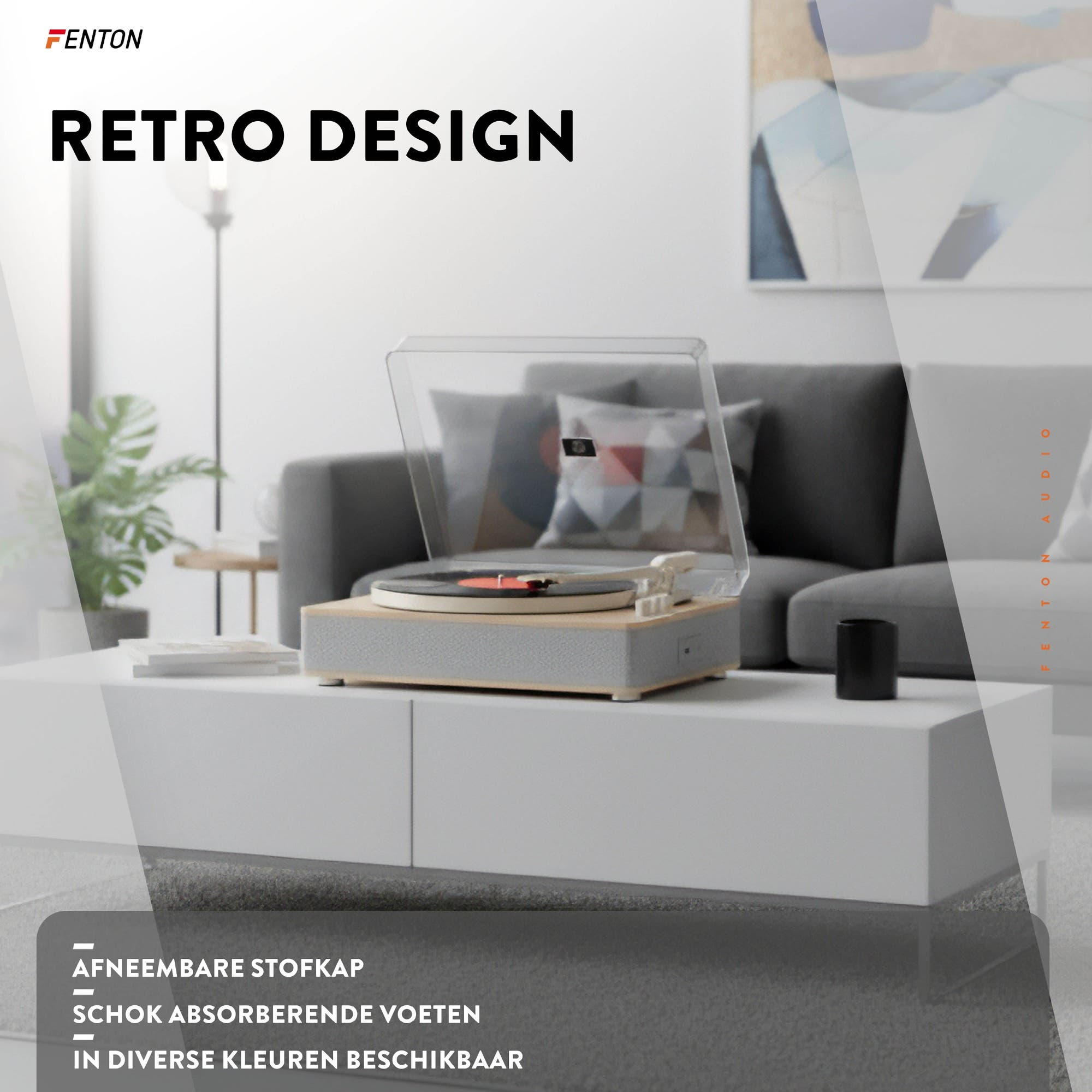 Un tocadiscos de diseño retro se sienta en una mesa blanca.
