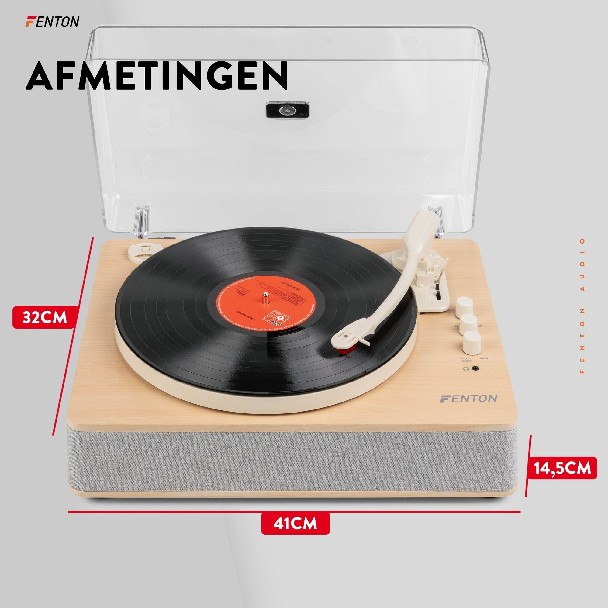 Un tocadiscos con vinilo, dimensiones 41x32x14.5cm, con tapa transparente.