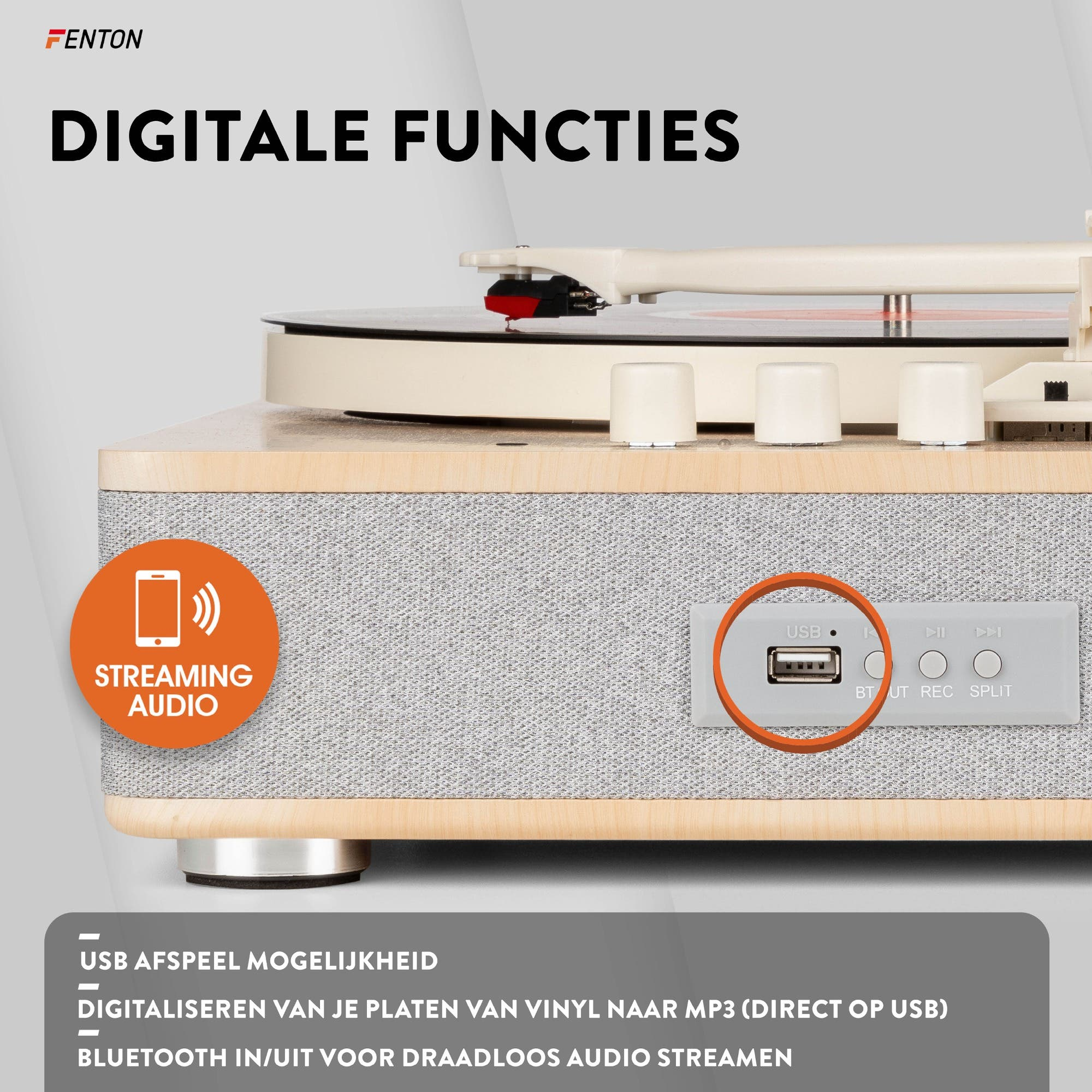 Un tocadiscos con puerto USB y botones de control.