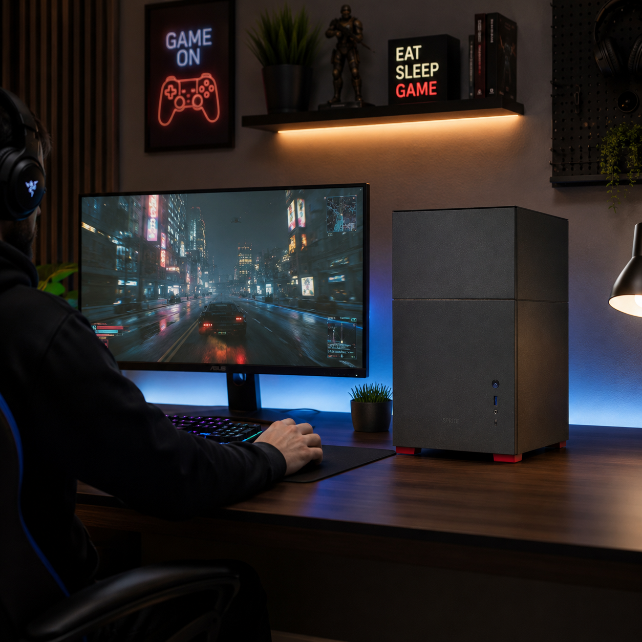 Jugador con auriculares juega un videojuego en un escritorio oscuro.