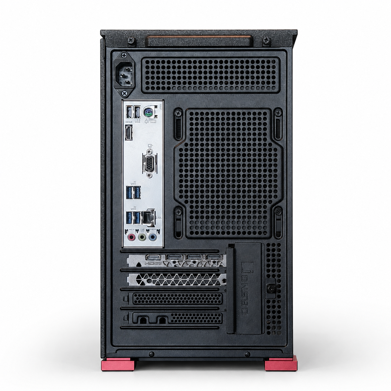 Parte trasera de una caja de PC negra con pies rojos y puertos.