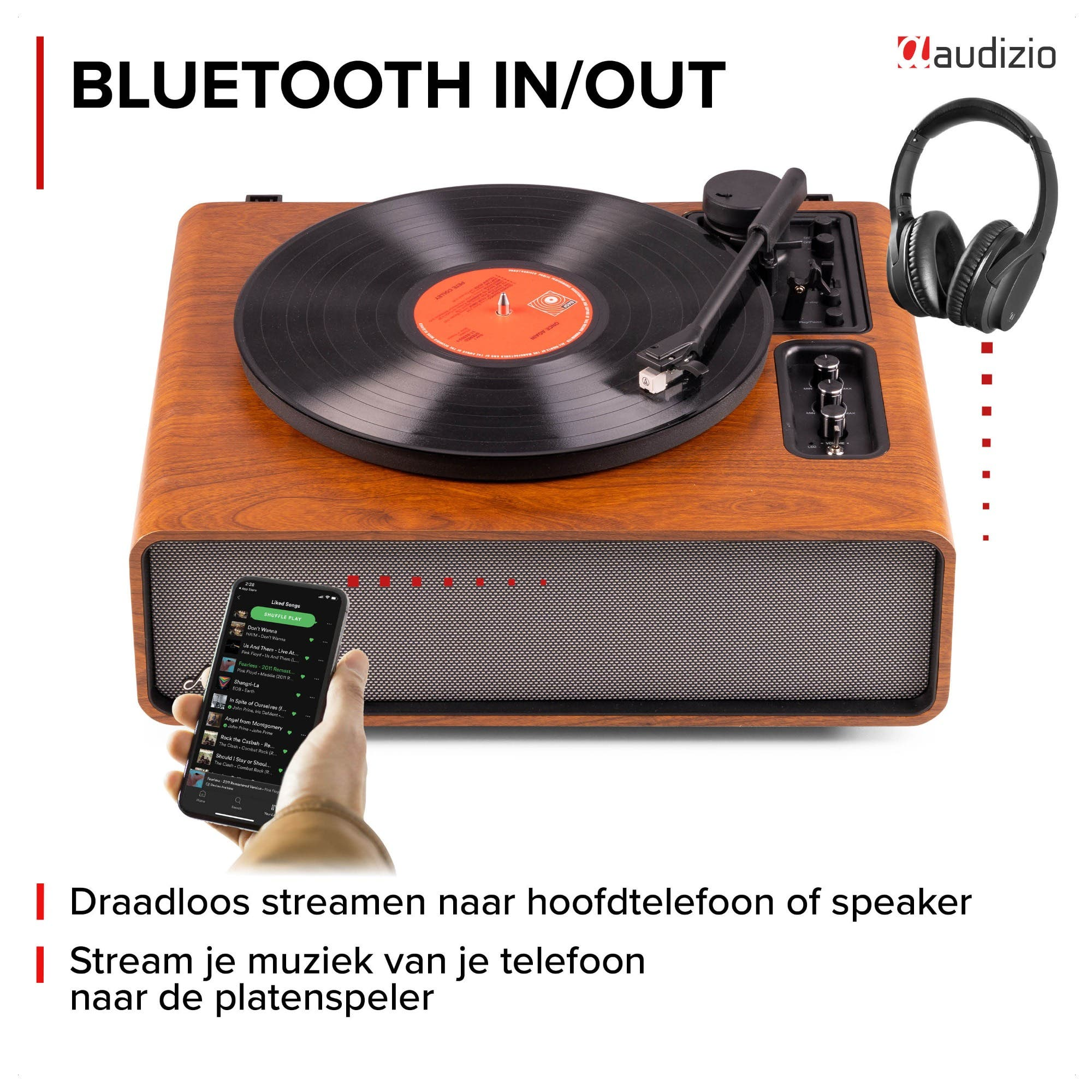 Un tocadiscos con auriculares y un smartphone reproduciendo música.