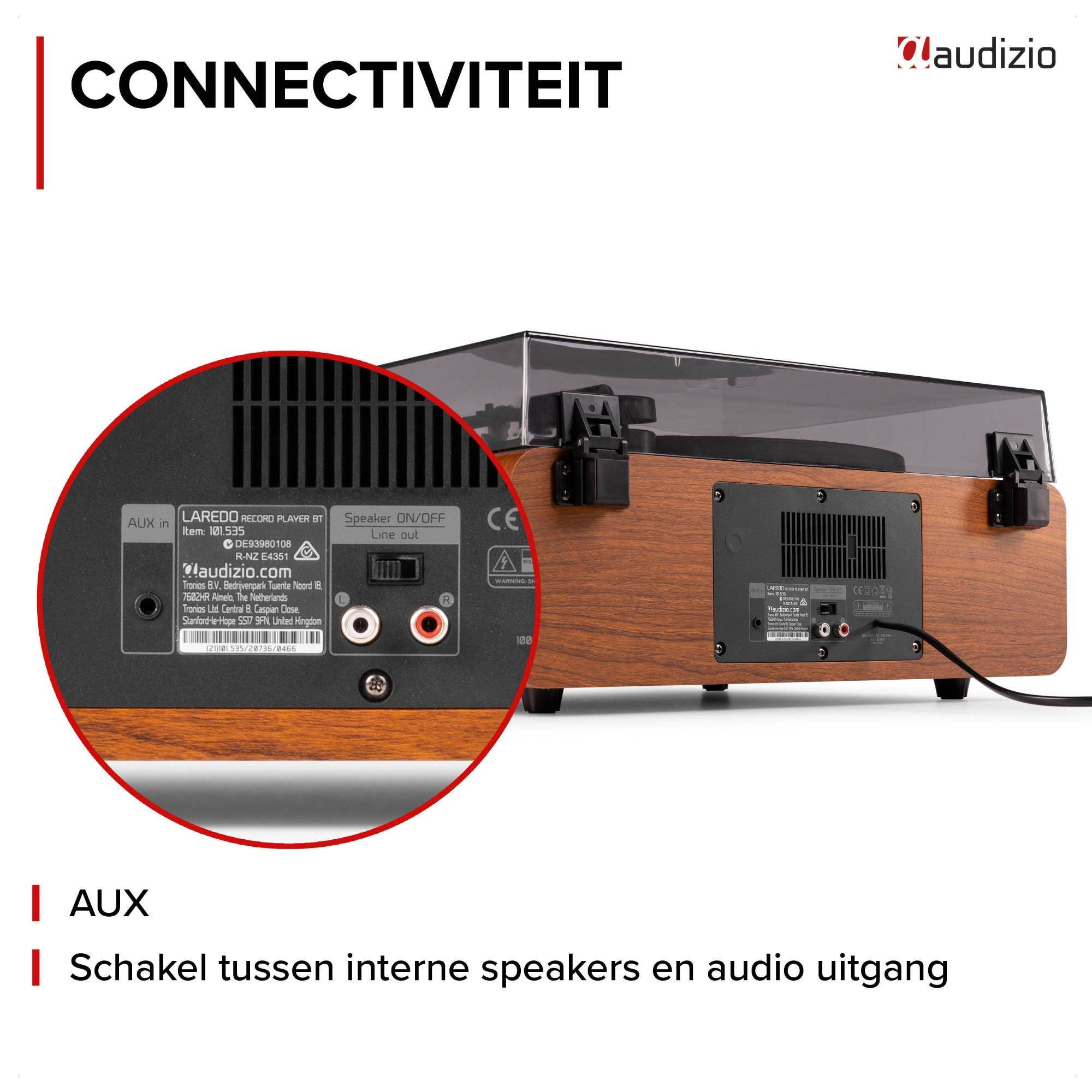 Tocadiscos de madera con conexiones: AUX, Salida de línea, Altavoz ON/OFF.
