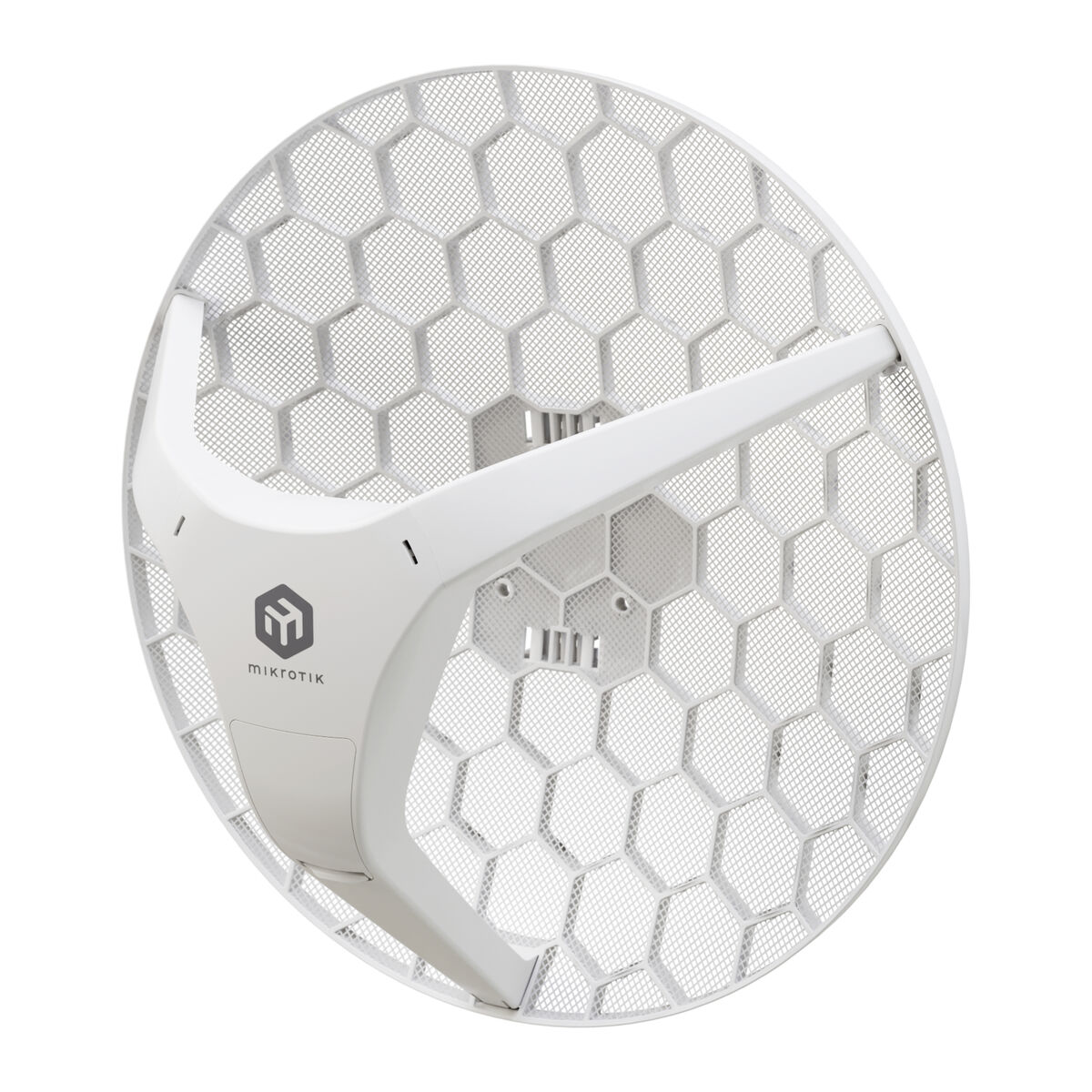 Weiße Antenne mit wabenartigem Gitter und Mikrotik-Logo.