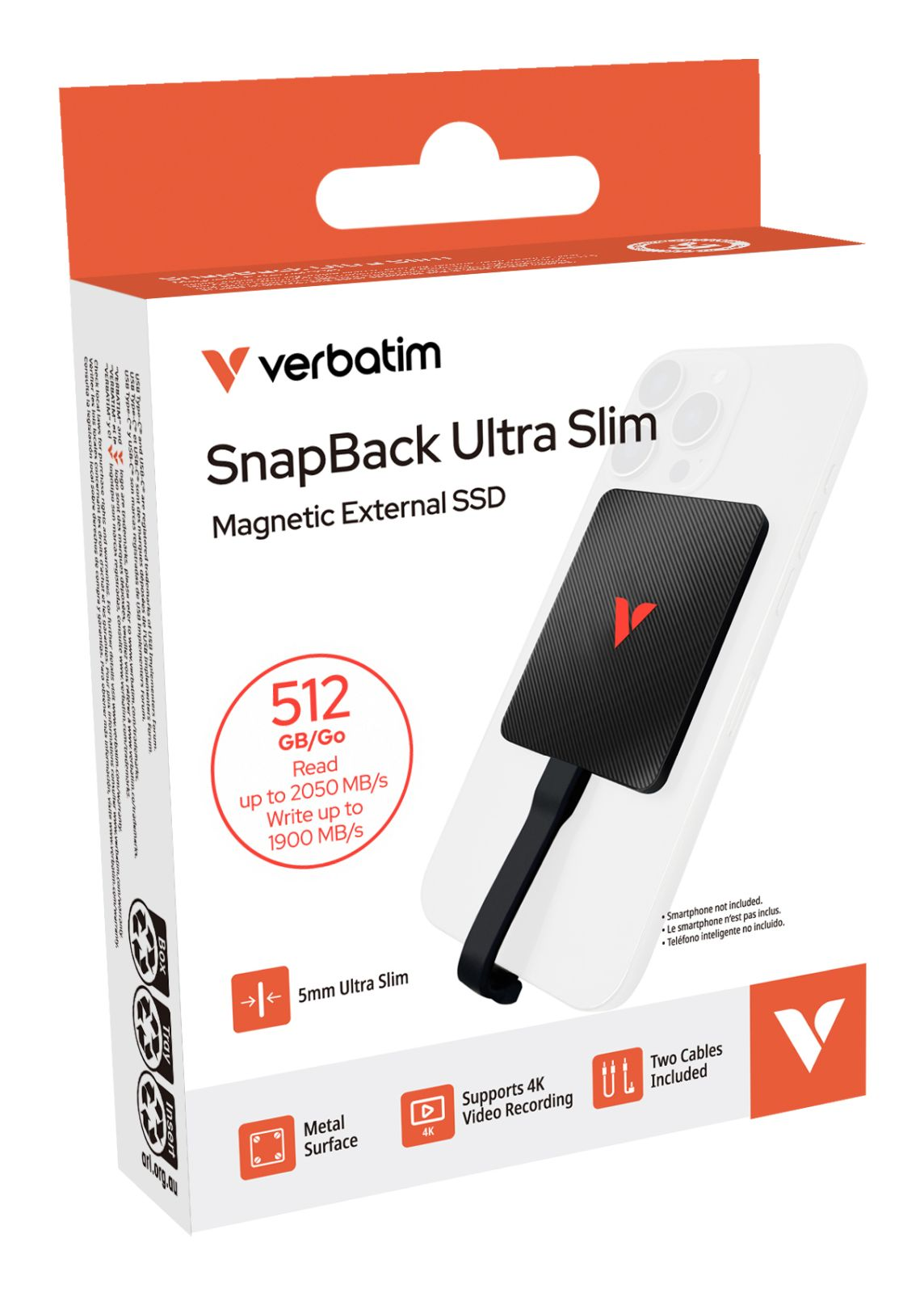 Verbatim SnapBack Ultra Slim SSD auf einem Smartphone, 512 GB, 2050 MB/s Lesen.