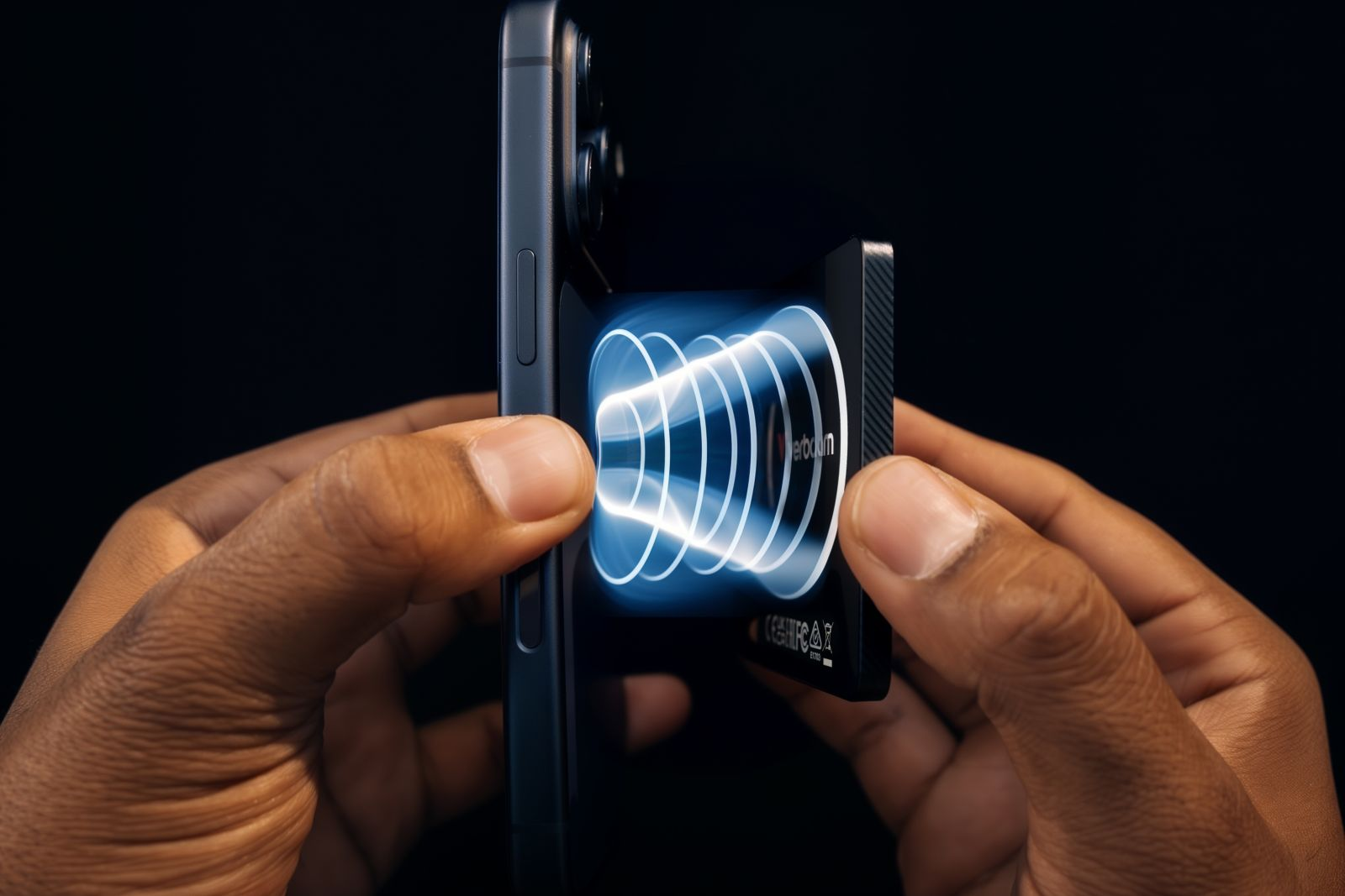 Hände halten ein Smartphone und ein schlankes schwarzes Gerät mit blauen Wellen.