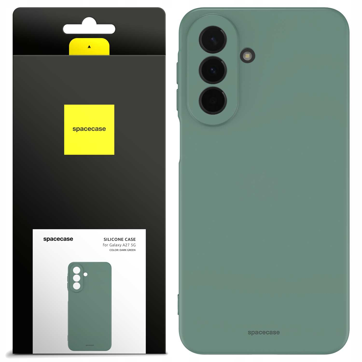 Ciemnozielone etui silikonowe do Galaxy A27 5G i opakowanie.