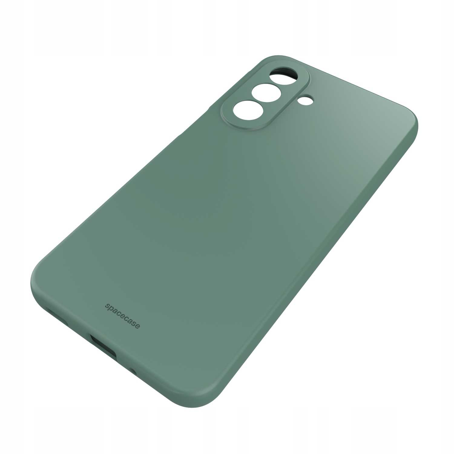 Zielone etui na telefon z trzema wycięciami na aparat i logo 'spacecase'.