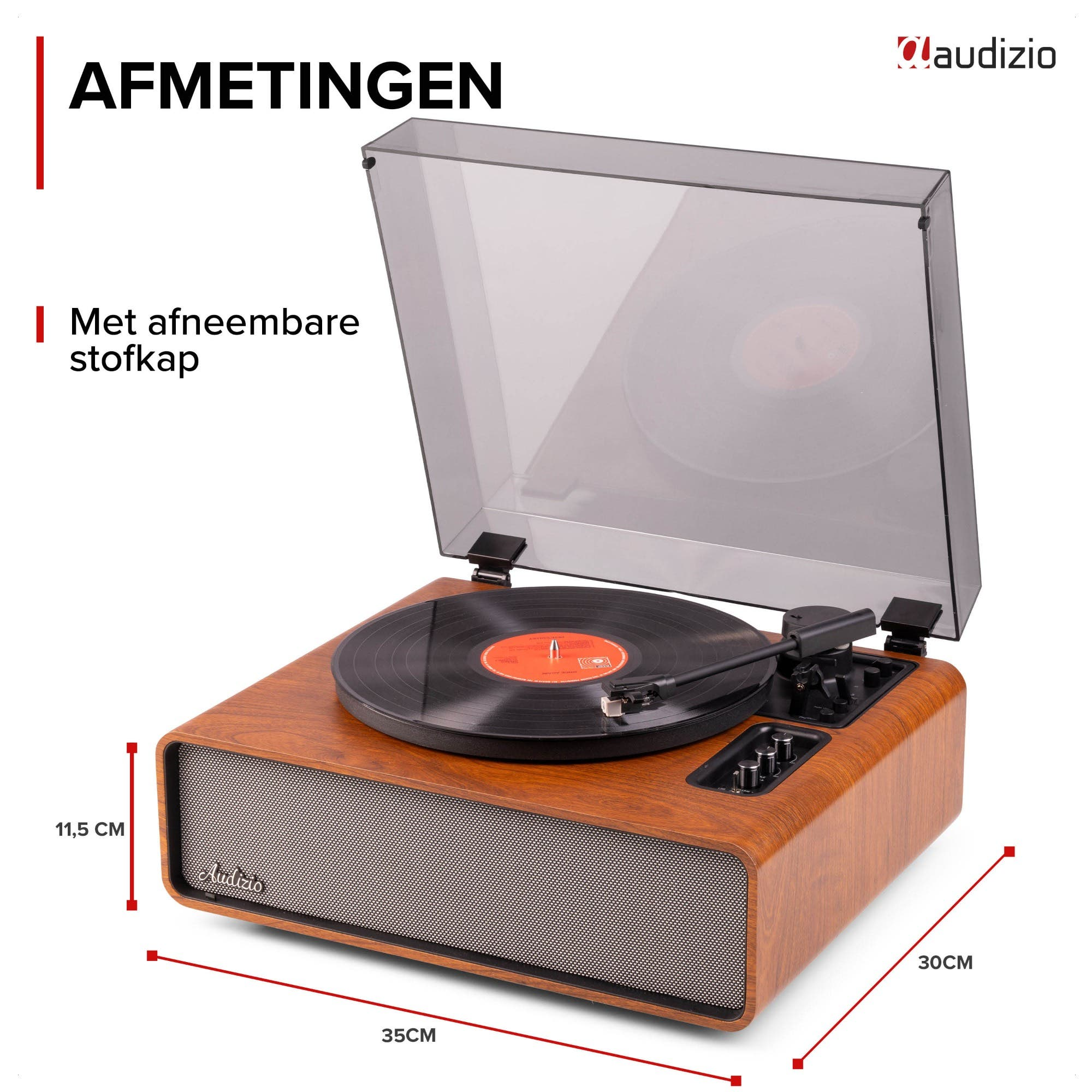 Un tocadiscos de grano de madera con disco y brazo de lectura, tapa antipolvo abierta.