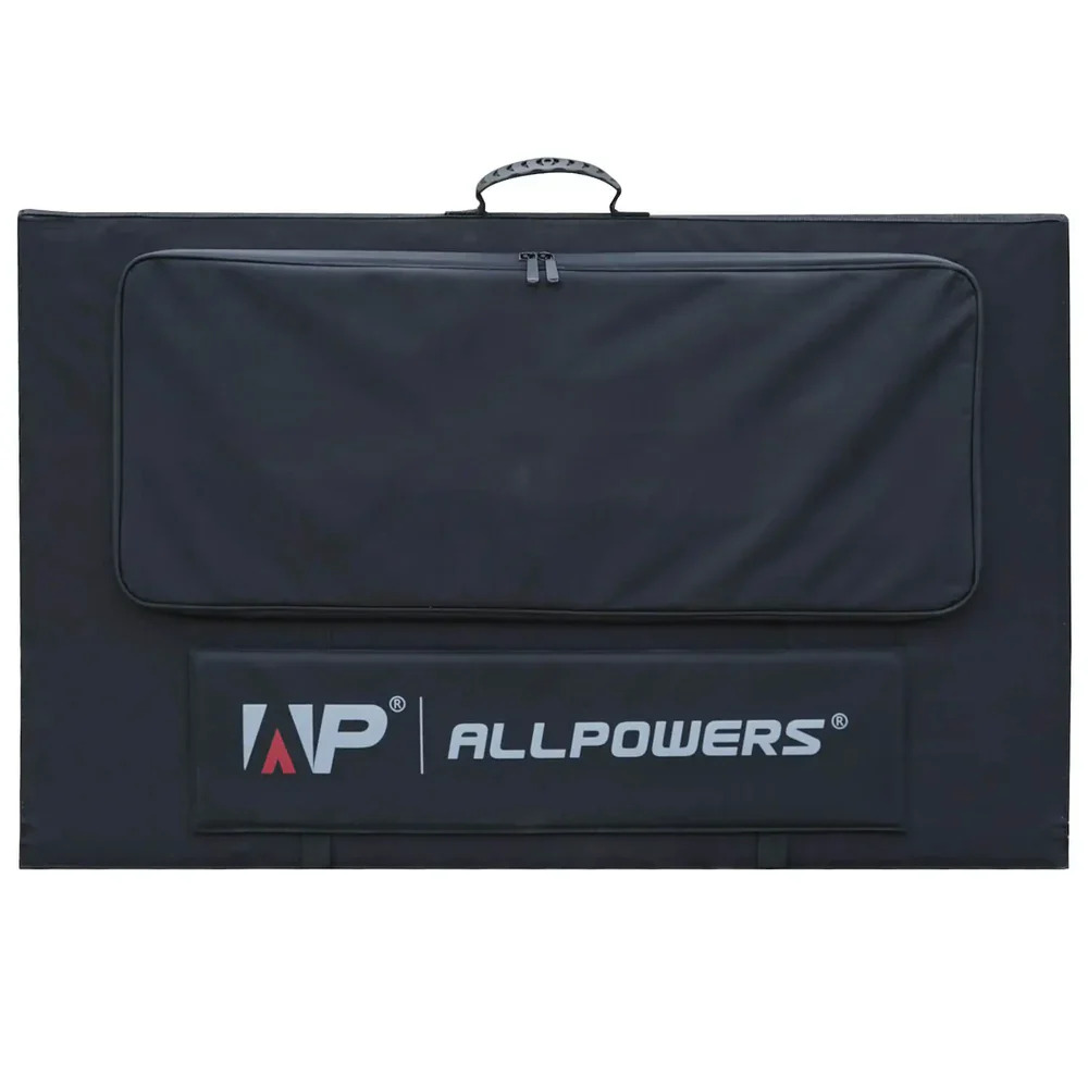 Czarna torba transportowa z logo 'ALLPOWERS' i zapinaną kieszenią.