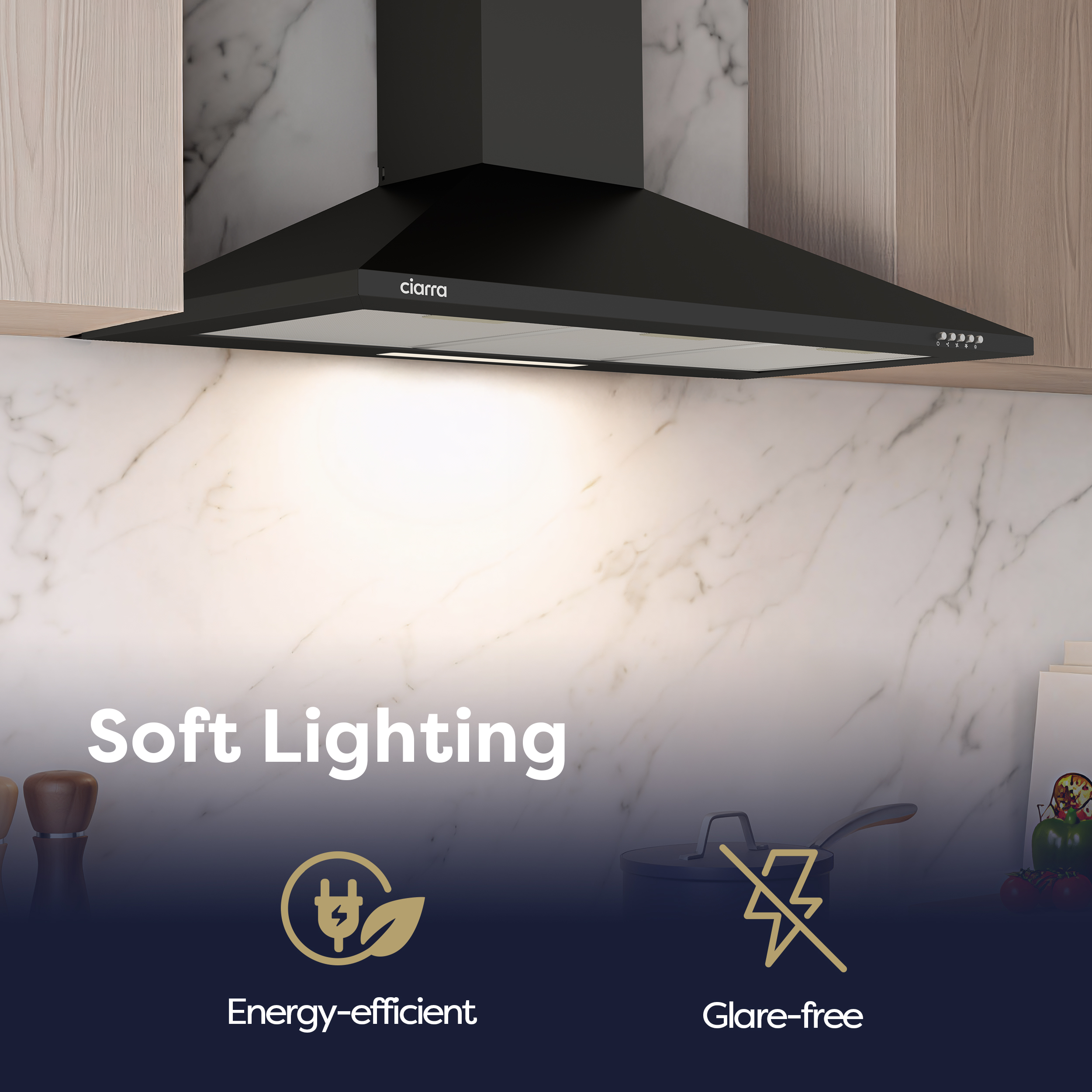Cappa aspirante nera con alzatina in marmo, testo "Soft Lighting".