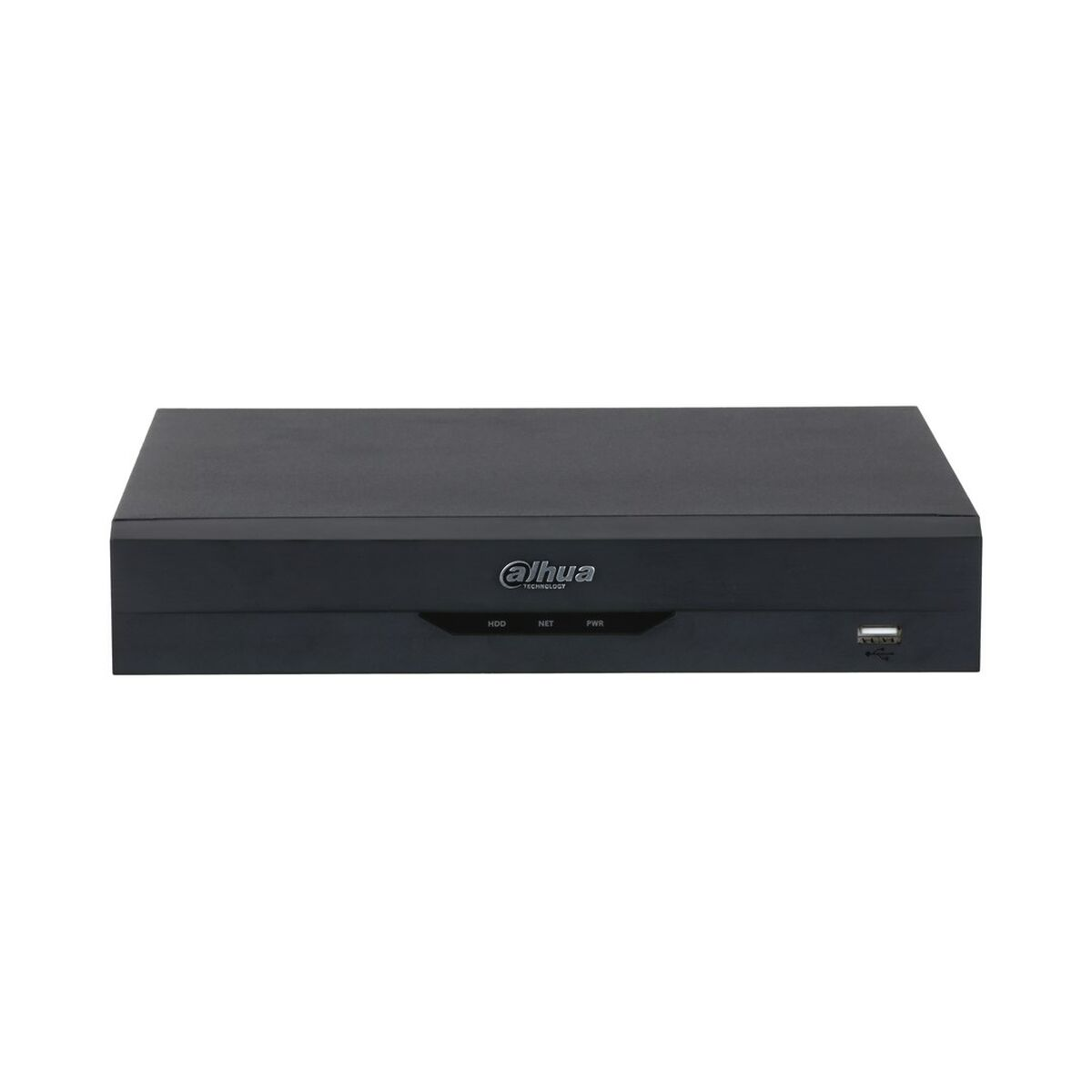 Schwarzer Dahua DVR mit HDD-, NET-, PWR-Leuchten und USB-Anschluss vorne.