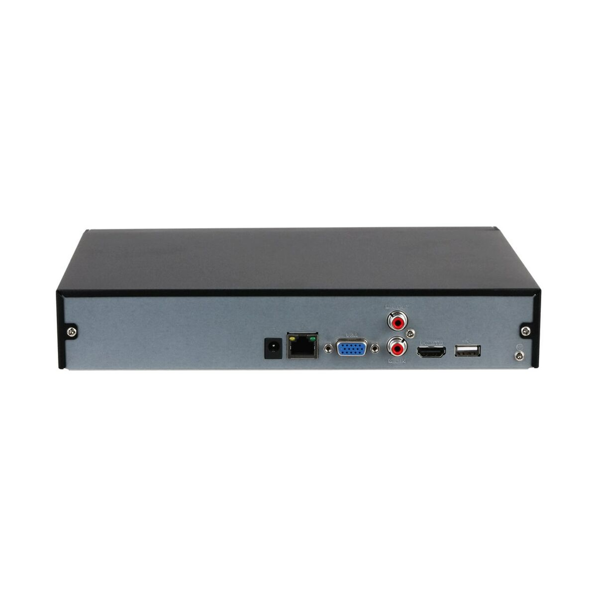 Rückseite eines schwarzen Geräts mit Anschlüssen: Strom, Ethernet, VGA, HDMI, USB.