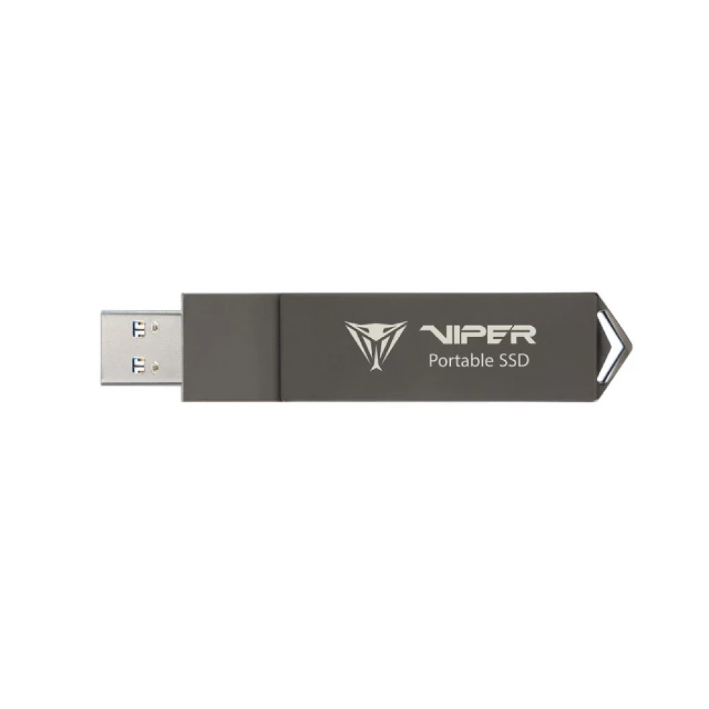 Szary przenośny dysk SSD Viper ze złączem USB i logo na białym tle.