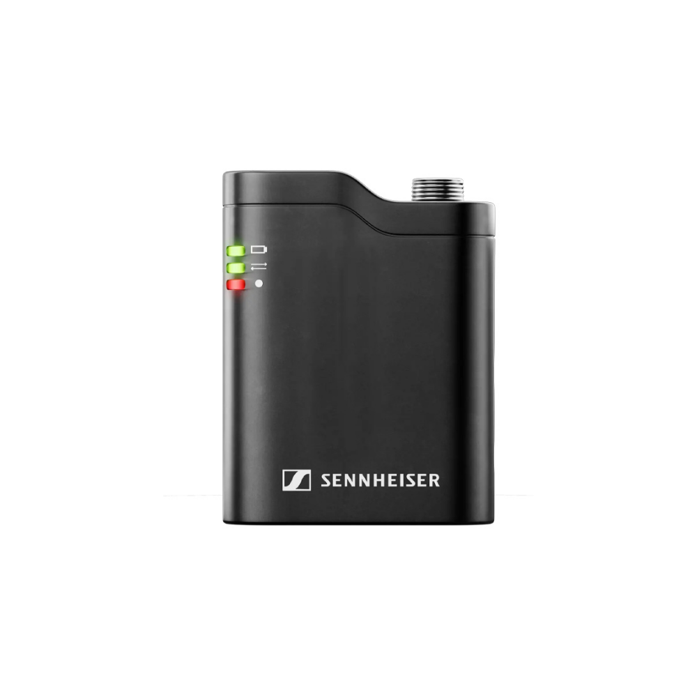 Czarny odbiornik mikrofonu bezprzewodowego Sennheiser ze wskaźnikami LED i gwintem na górze.