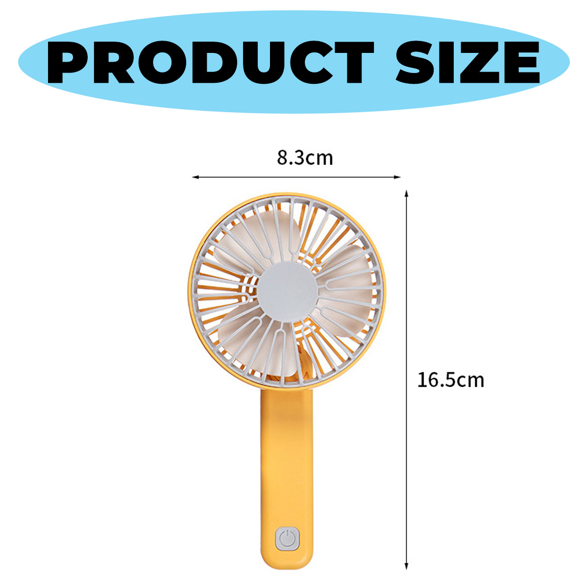 Gelber tragbarer Ventilator, 8,3 cm breit und 16,5 cm hoch, mit Power-Taste.