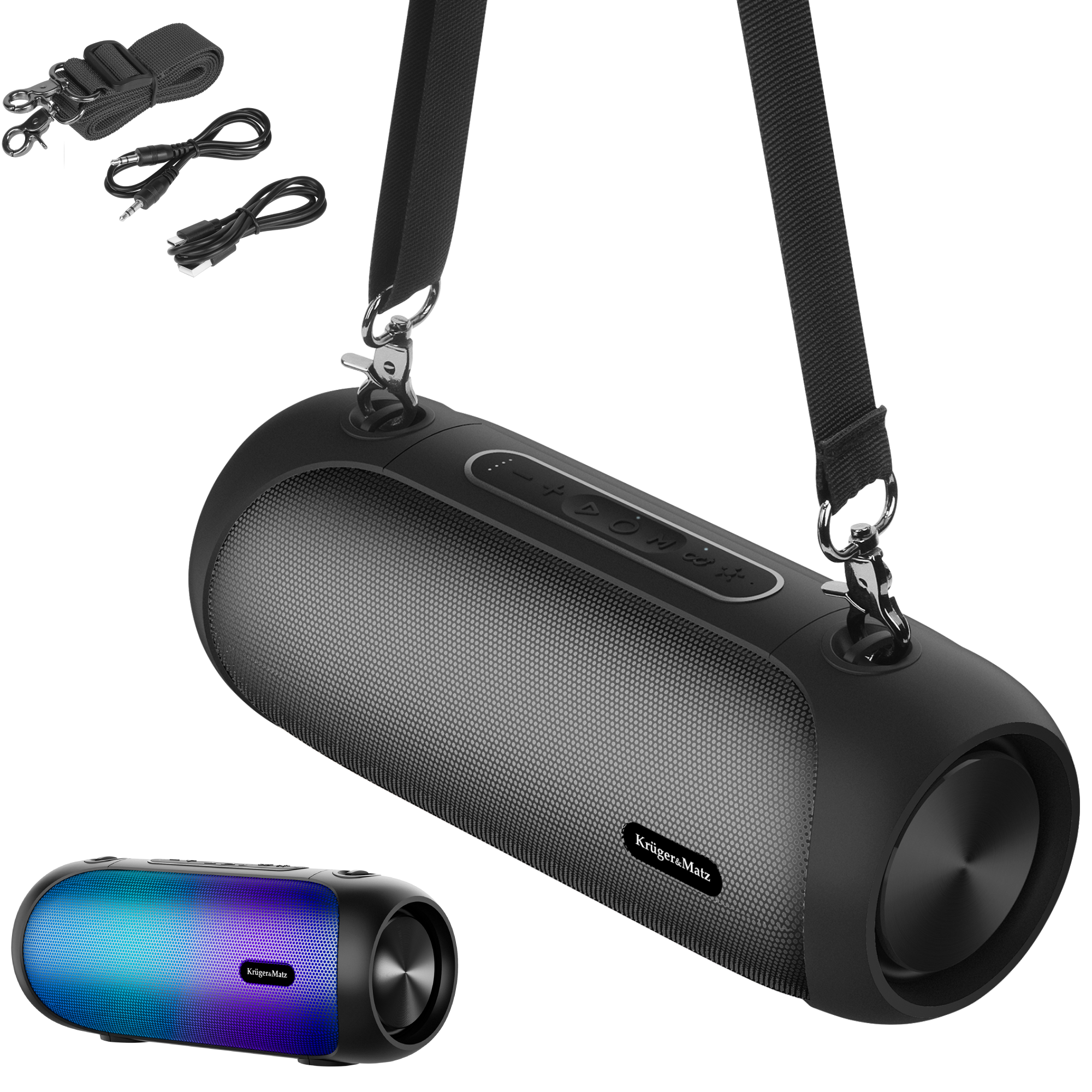 Czarny głośnik Bluetooth z kolorowymi diodami LED, paskiem i kablami.