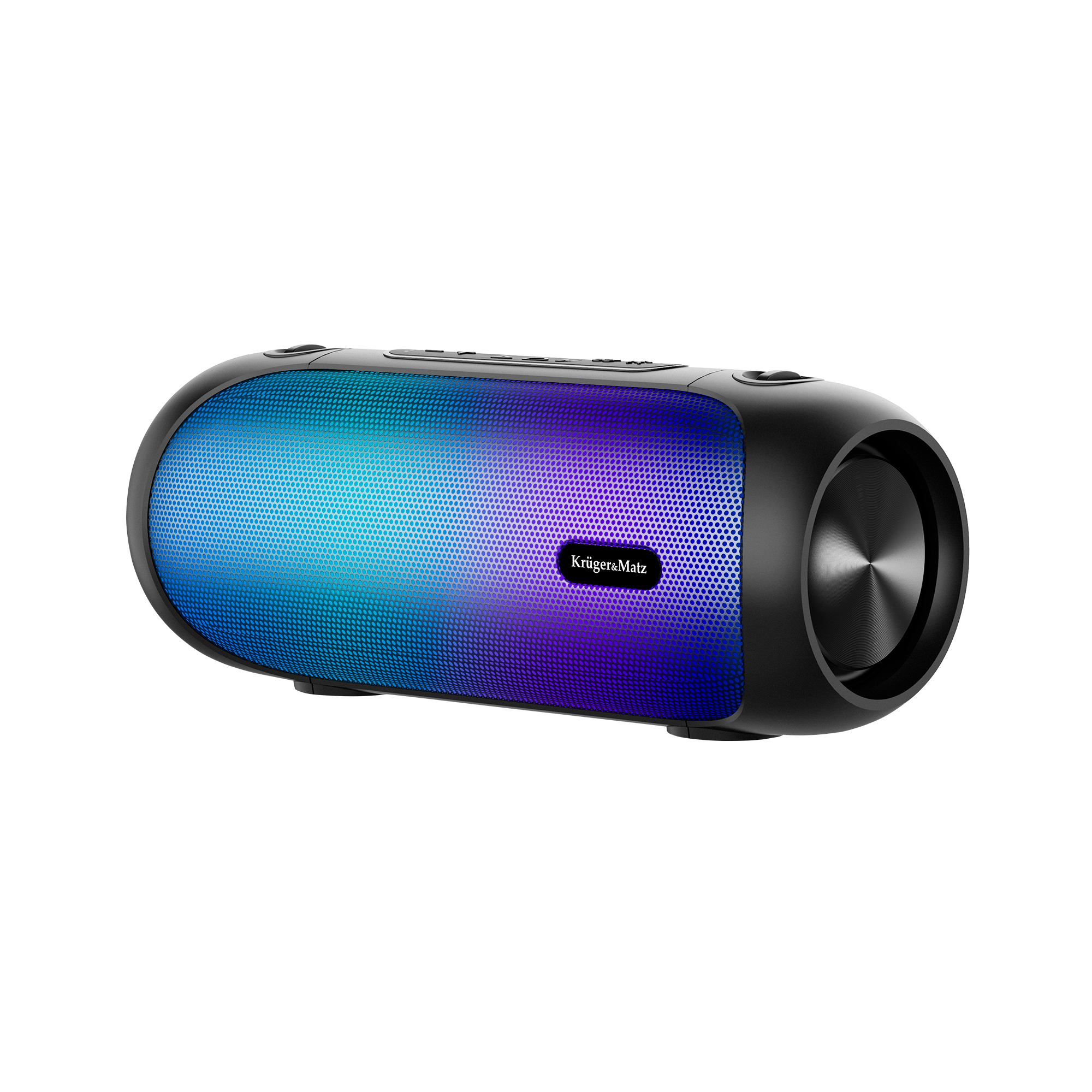 Czarny głośnik Bluetooth z niebieskimi i fioletowymi światłami, logo Kruger&Matz.