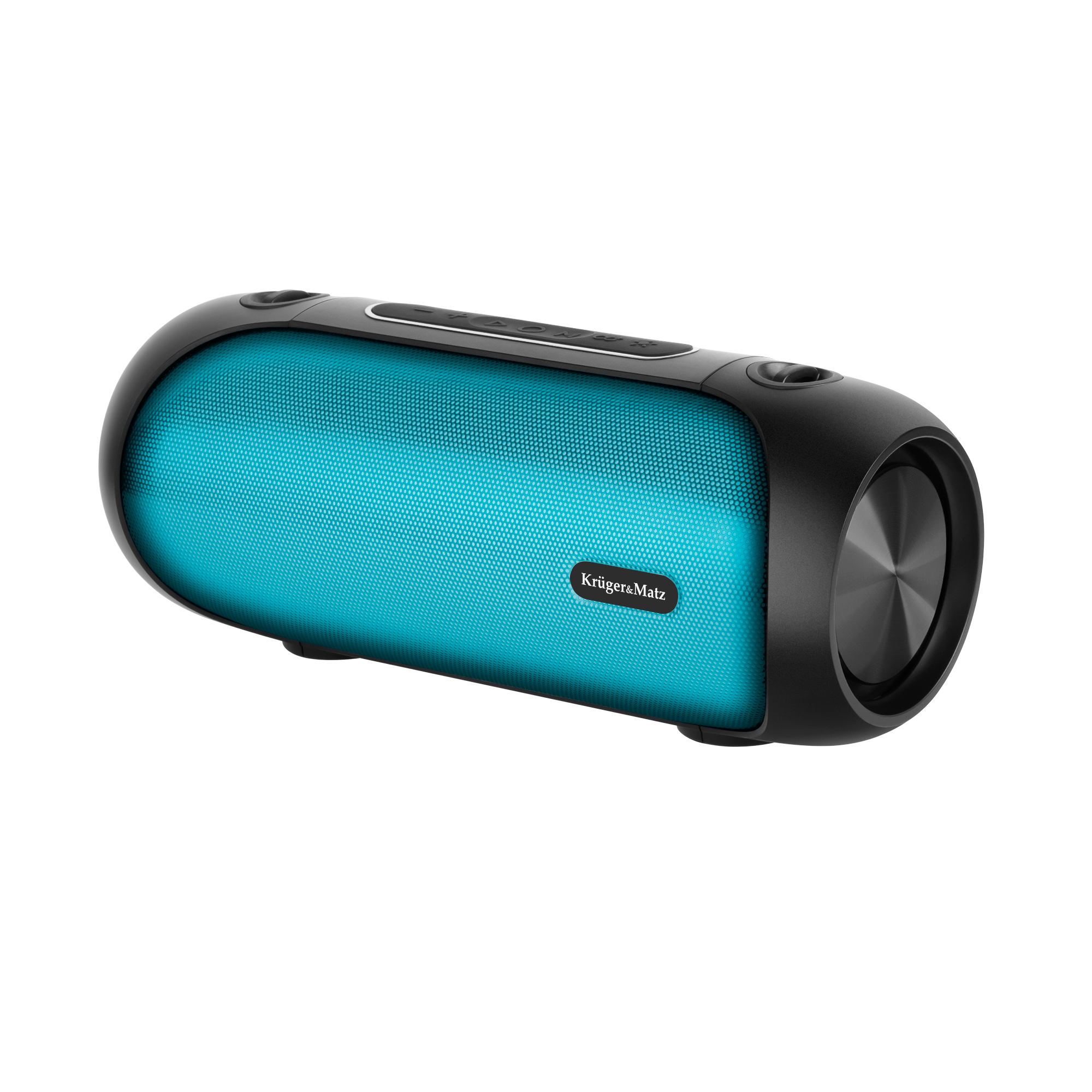 Przenośny głośnik Bluetooth z niebieską kratką i czarną obudową.
