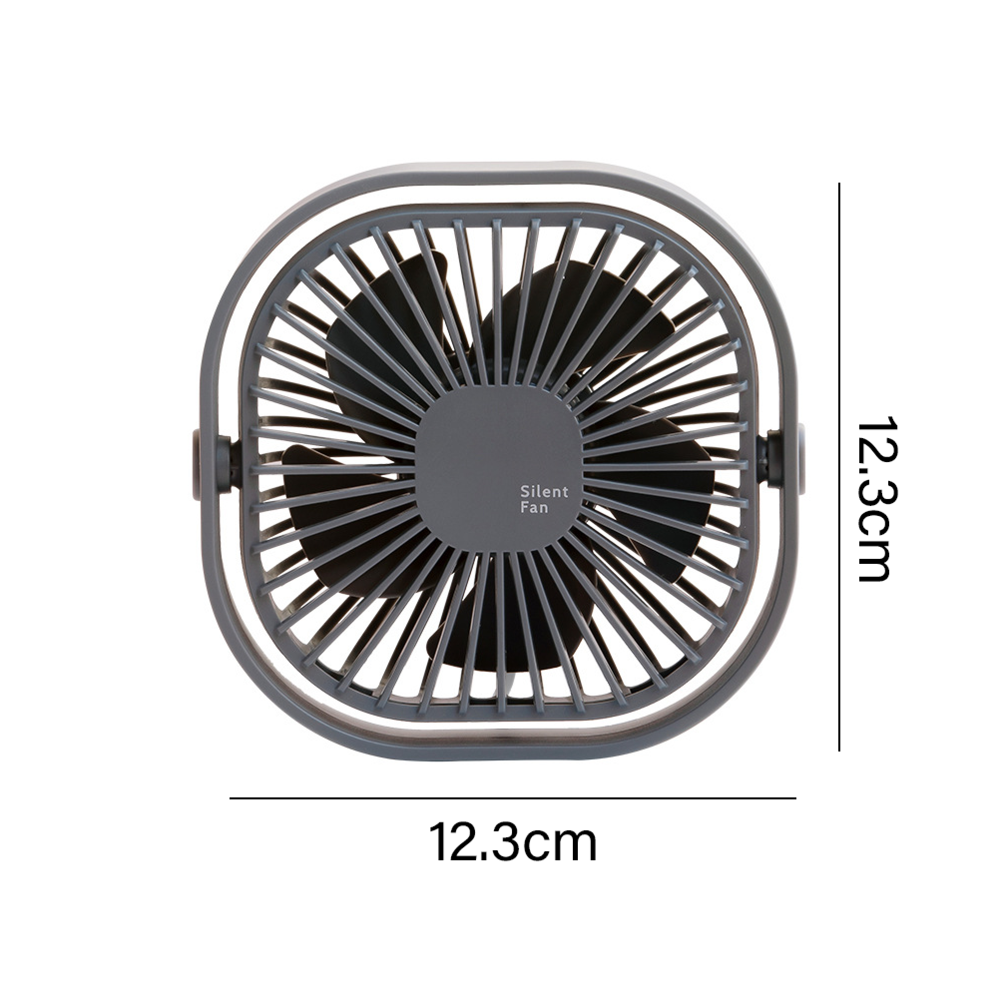 Grauer Tischventilator mit schwarzen Rotorblättern und Gitter.