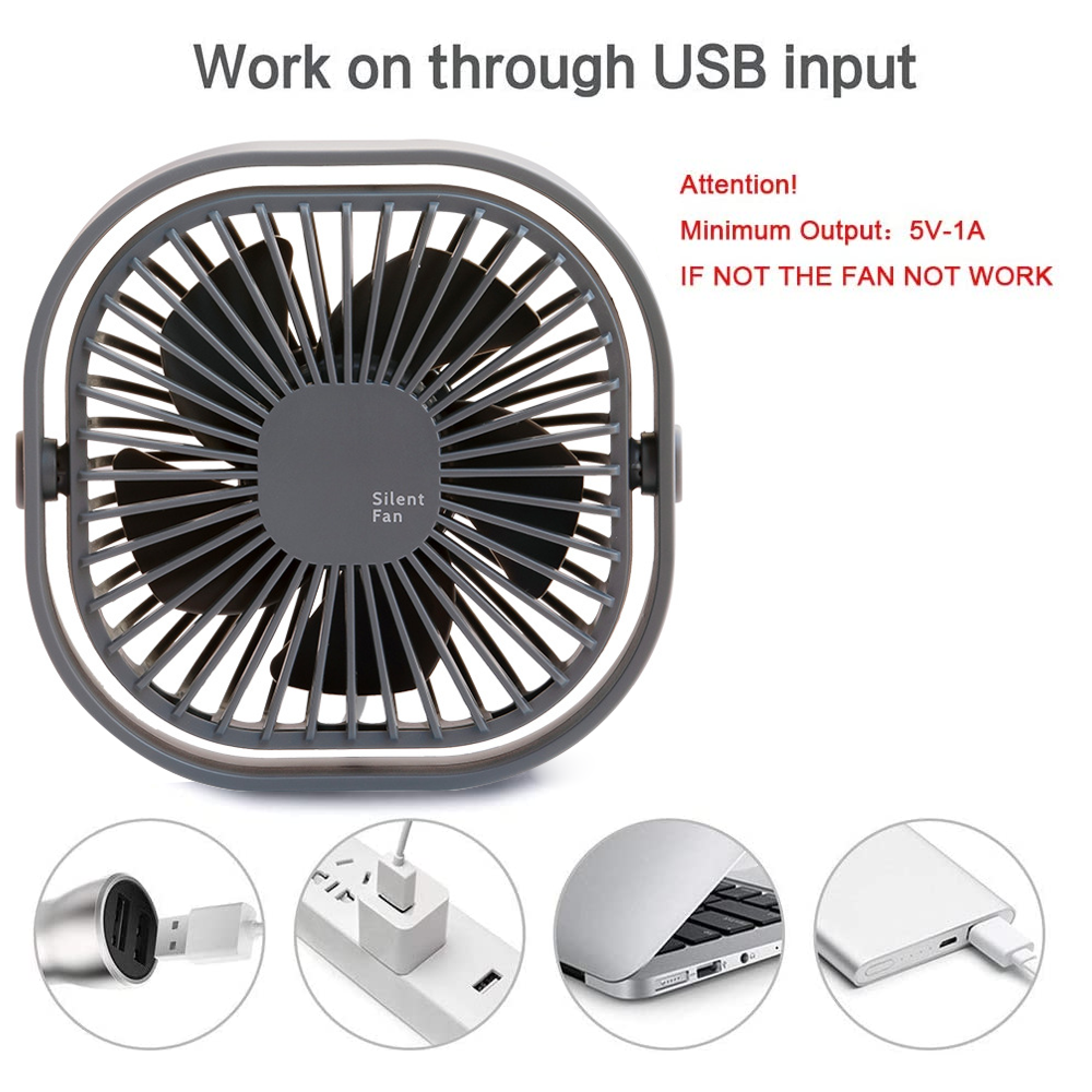 Grauer USB-Ventilator mit vier kleinen Bildern von Ladezubehör.