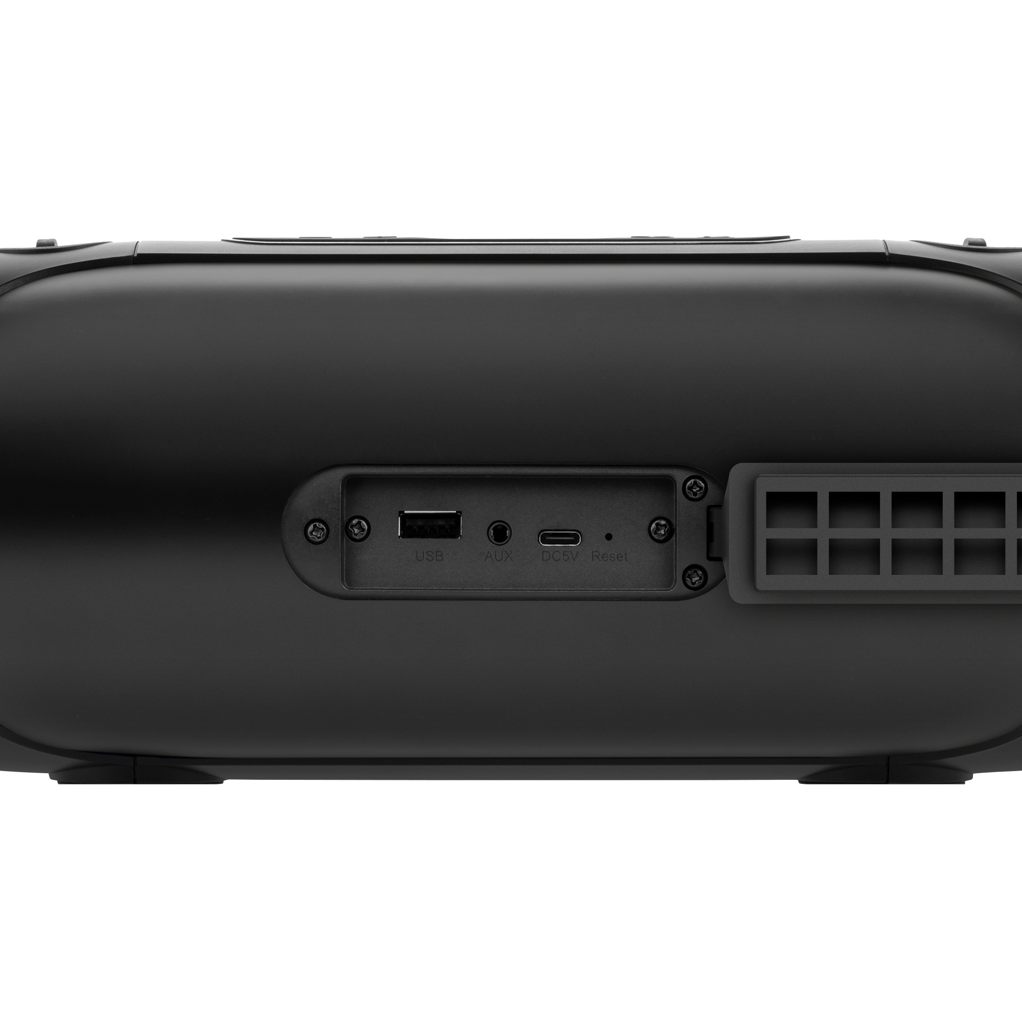 Czarny głośnik z portami: USB, AUX, DC5V i Reset.