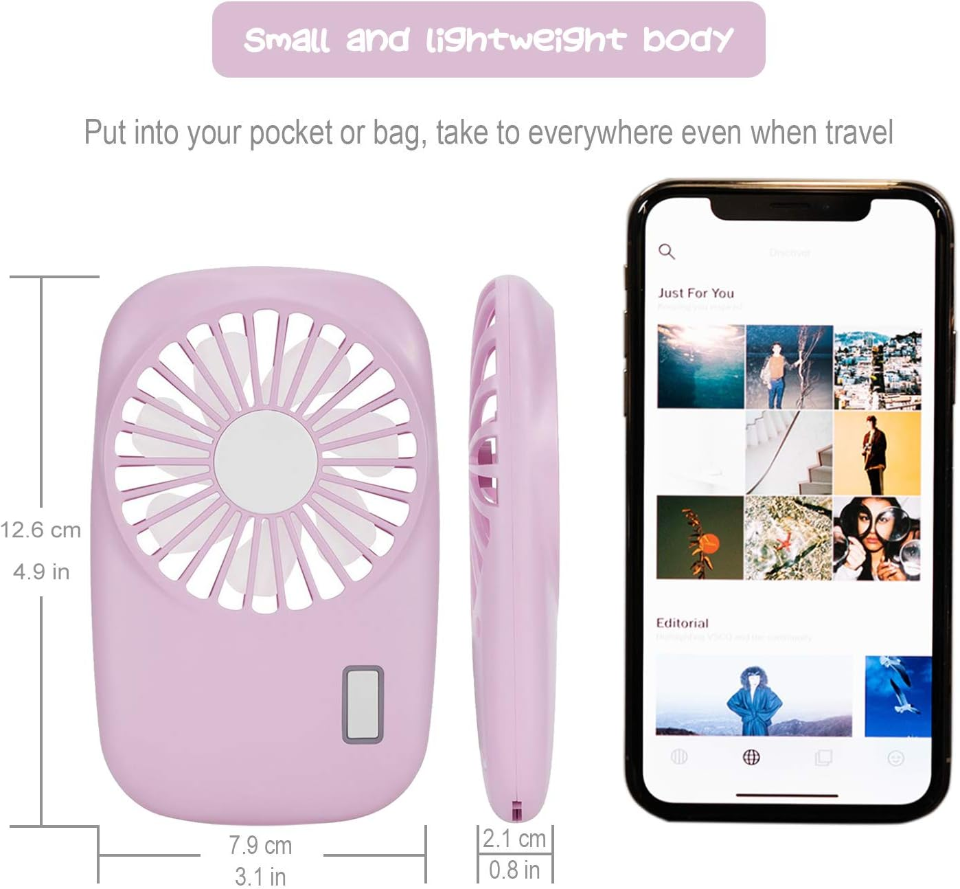 Ein pinker Handventilator und ein Smartphone werden gezeigt. Die Maße des Ventilators sind angegeben.