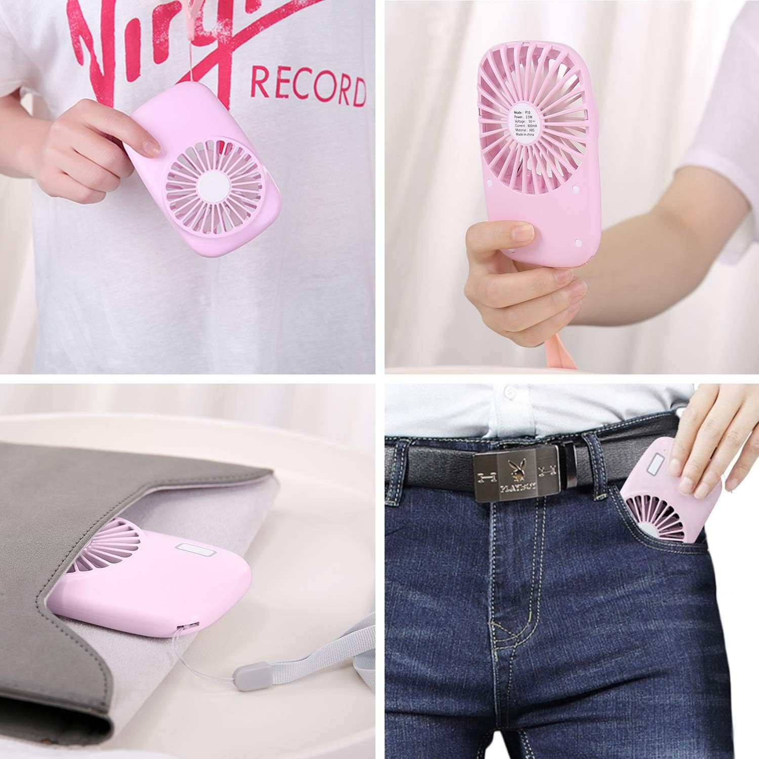 Ein rosafarbener Mini-Ventilator wird gezeigt, der in verschiedenen Szenarien verwendet wird.