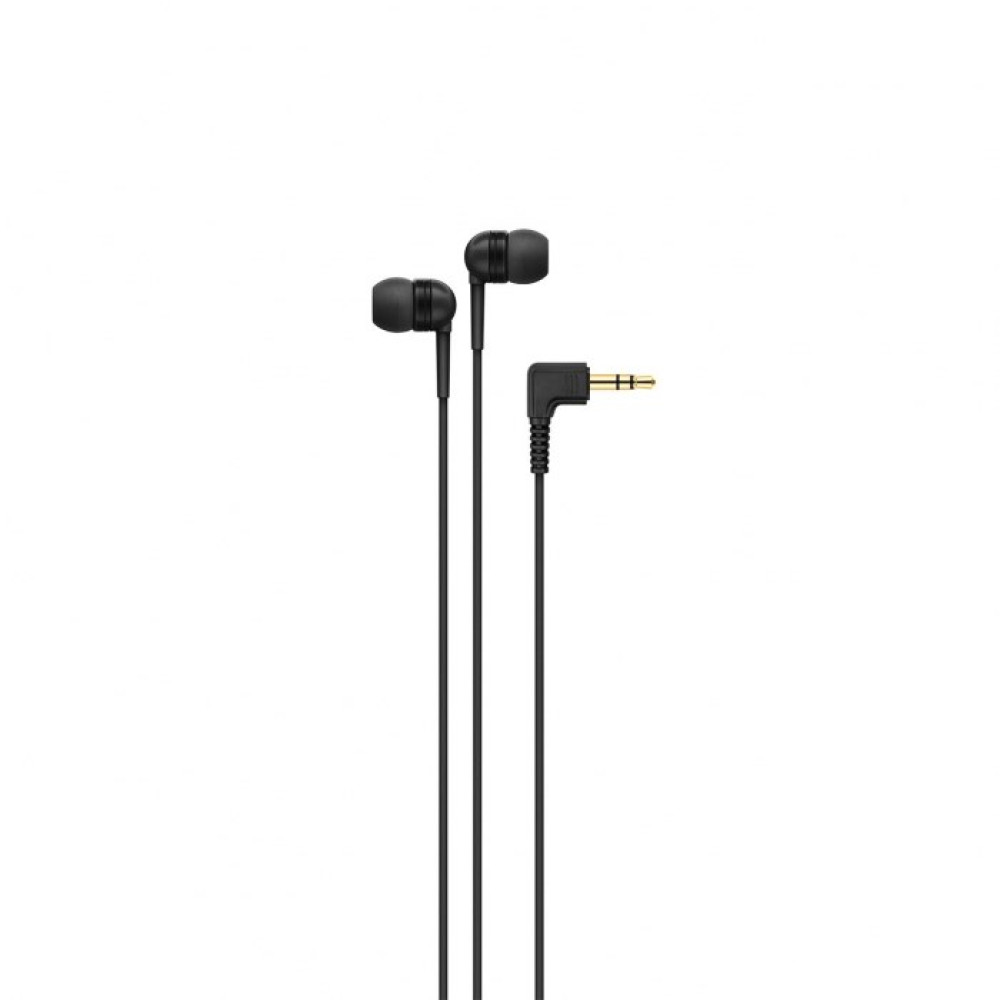 Czarne słuchawki douszne z wtyczką jack 3,5 mm pod kątem prostym.