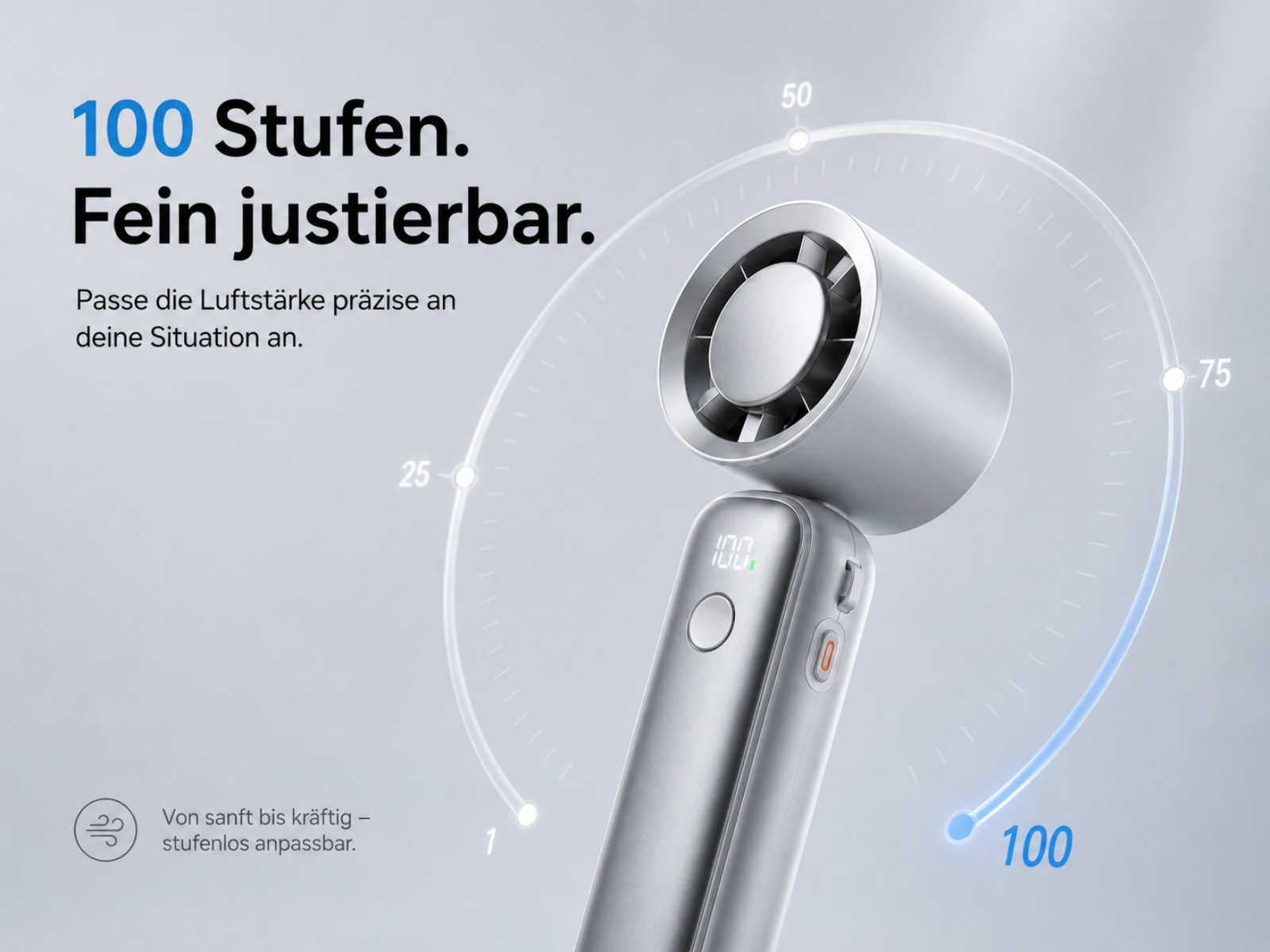 Ein silberner Lüfter mit digitaler Anzeige von 100 Stufen, fein justierbar.